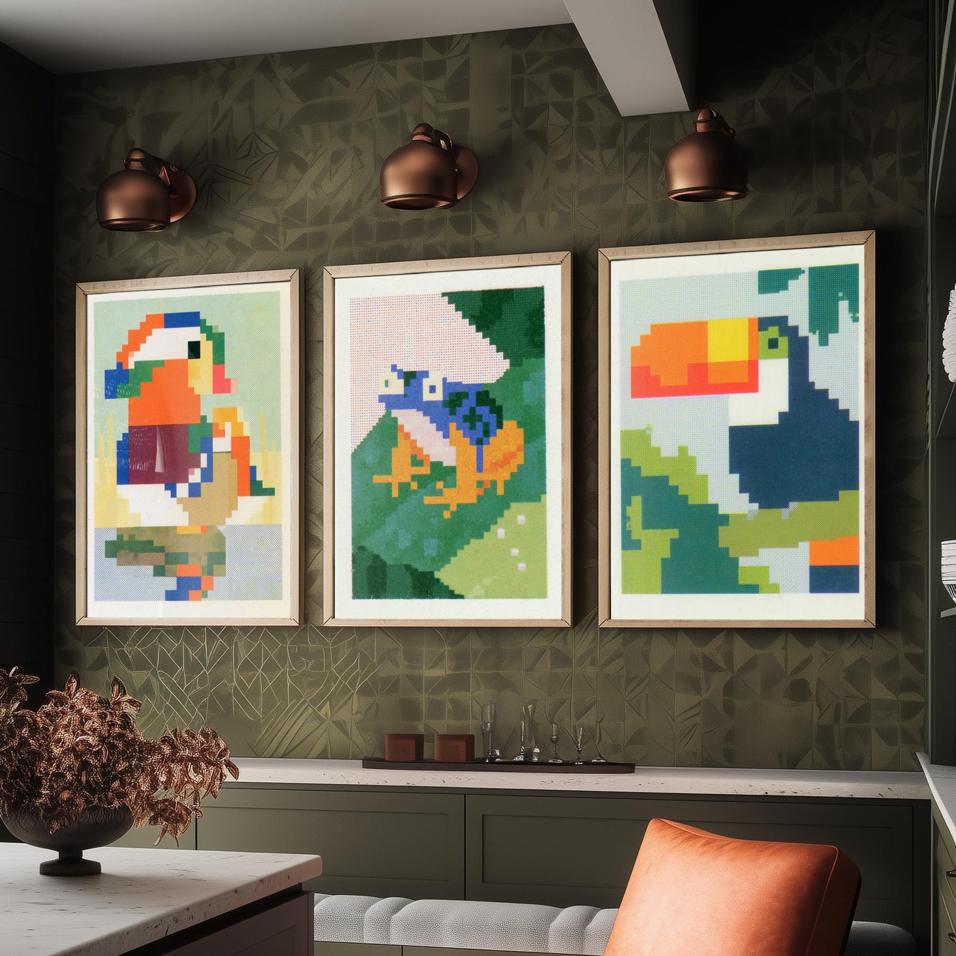 Pixel Animals Set of Three Art Prints - Mandarin Duck, Poison Dart Frog, Toucan - Pixel Art Poster Wall Art Gift Illustration