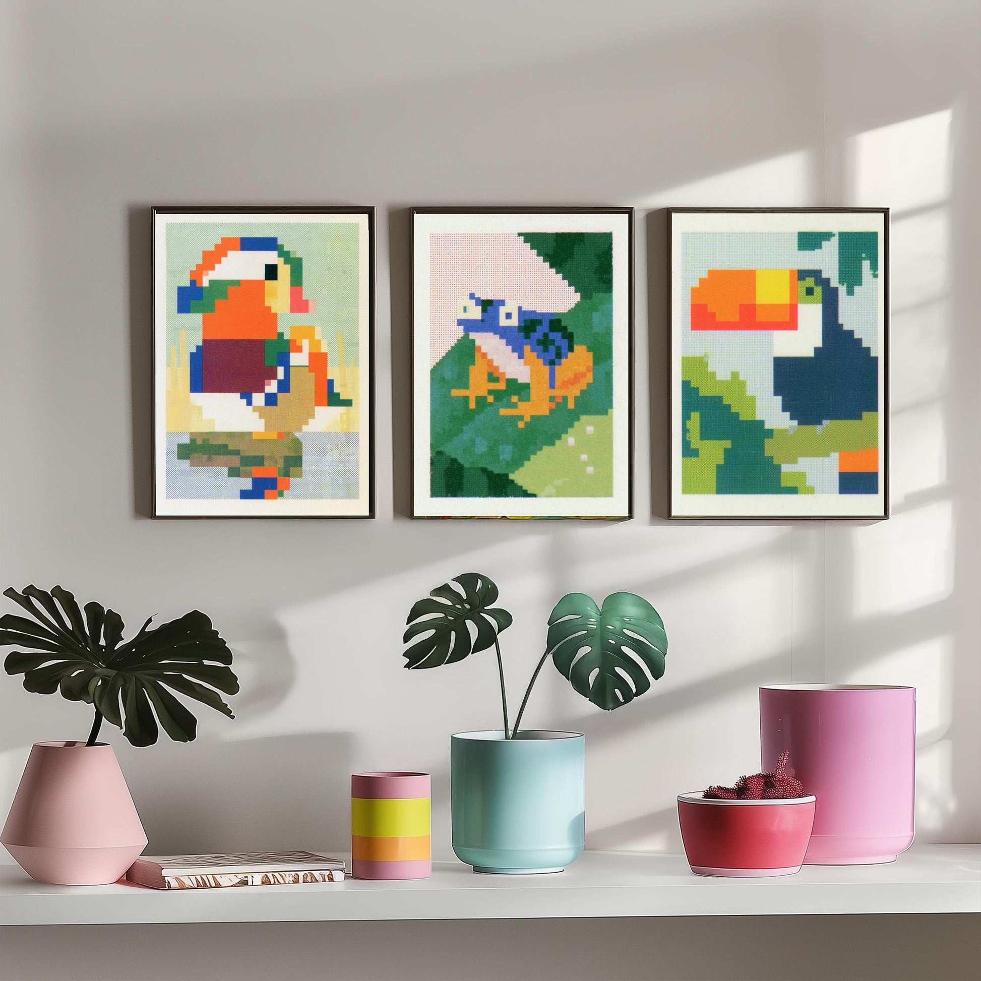 Pixel Animals Set of Three Art Prints - Mandarin Duck, Poison Dart Frog, Toucan - Pixel Art Poster Wall Art Gift Illustration