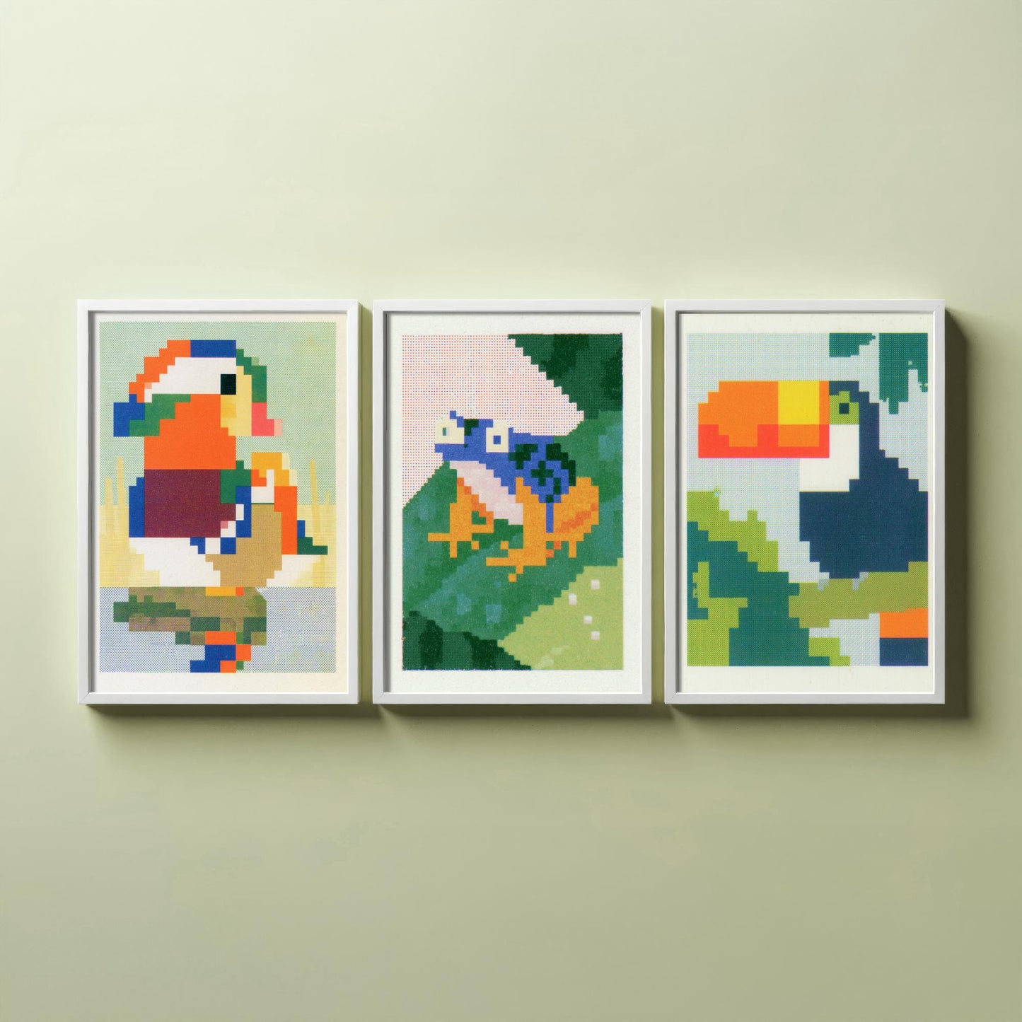 Pixel Animals Set of Three Art Prints - Mandarin Duck, Poison Dart Frog, Toucan - Pixel Art Poster Wall Art Gift Illustration