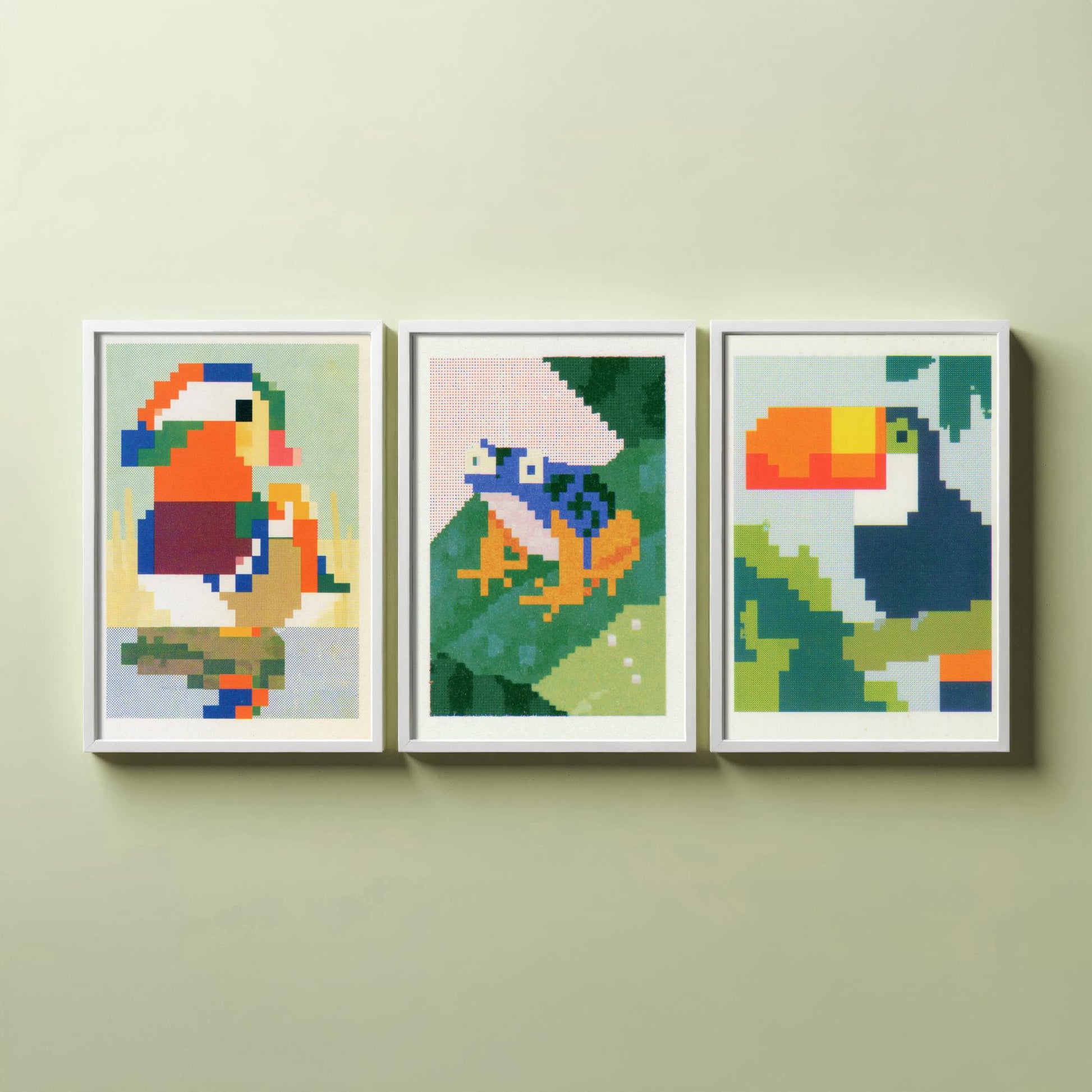 Pixel Animals Set of Three Art Prints - Mandarin Duck, Poison Dart Frog, Toucan - Pixel Art Poster Wall Art Gift Illustration