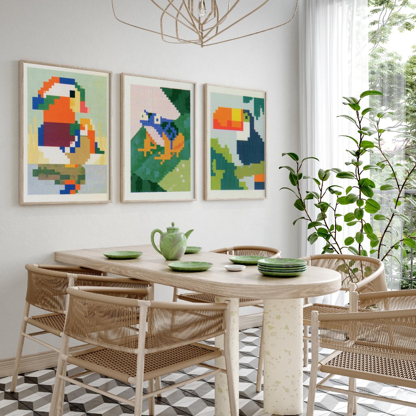 Pixel Animals Set of Three Art Prints - Mandarin Duck, Poison Dart Frog, Toucan - Pixel Art Poster Wall Art Gift Illustration