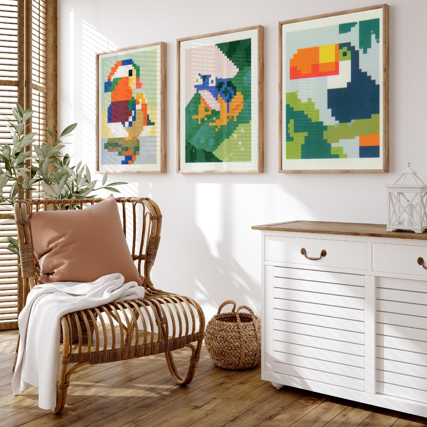 Pixel Animals Set of Three Art Prints - Mandarin Duck, Poison Dart Frog, Toucan - Pixel Art Poster Wall Art Gift Illustration