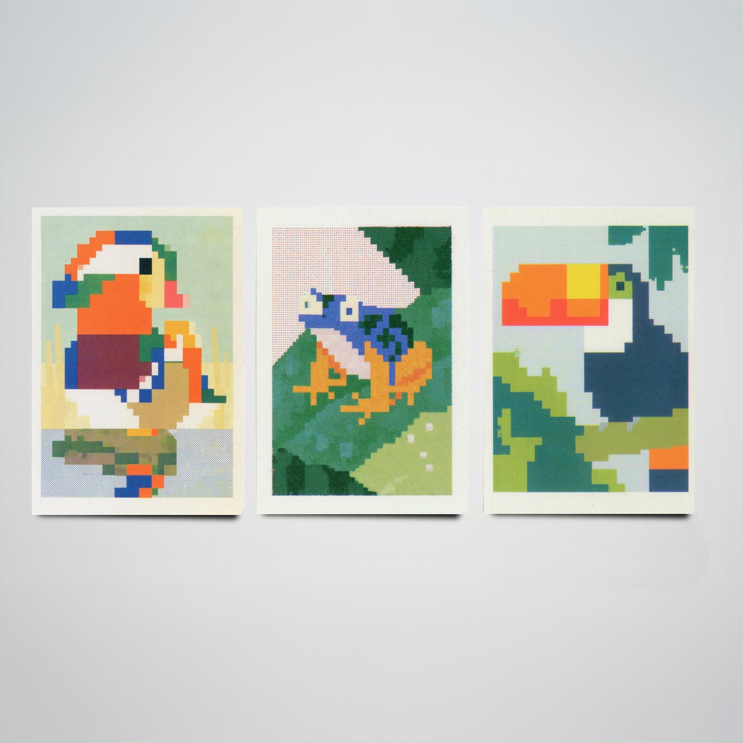 Pixel Animals Set of Three Art Prints - Mandarin Duck, Poison Dart Frog, Toucan - Pixel Art Poster Wall Art Gift Illustration