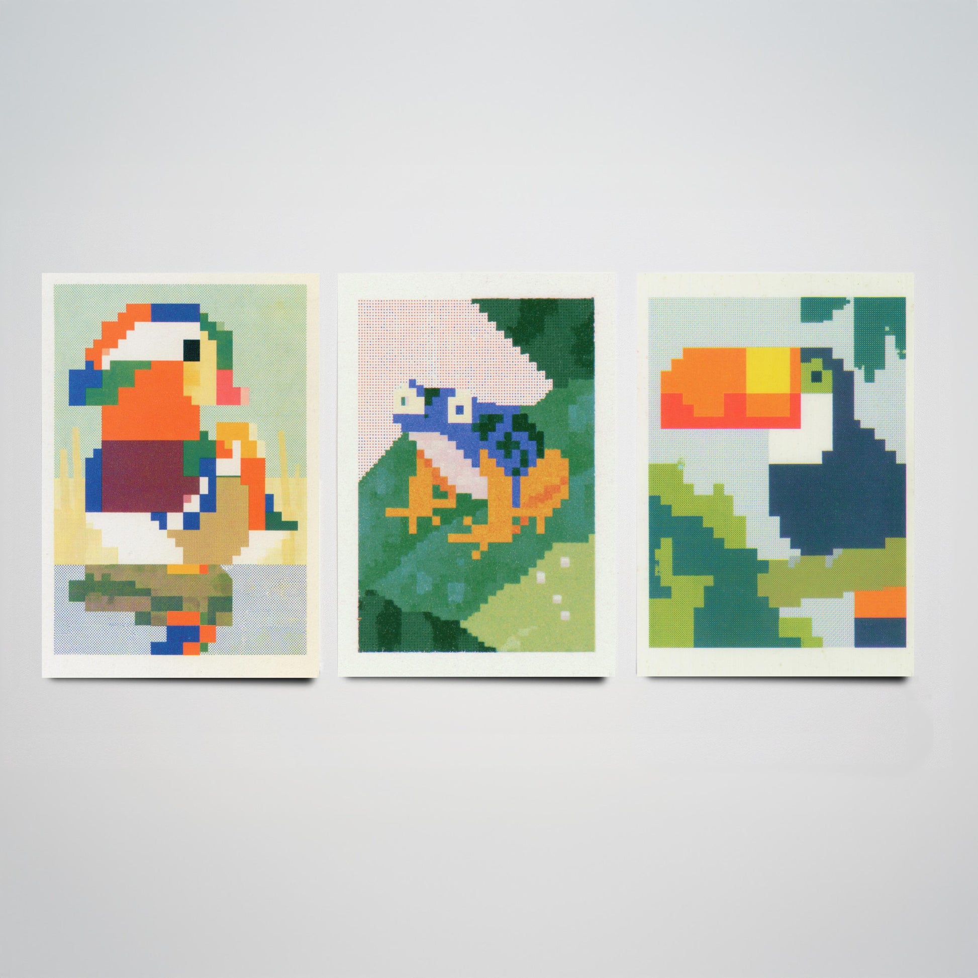 Pixel Animals Set of Three Art Prints - Mandarin Duck, Poison Dart Frog, Toucan - Pixel Art Poster Wall Art Gift Illustration