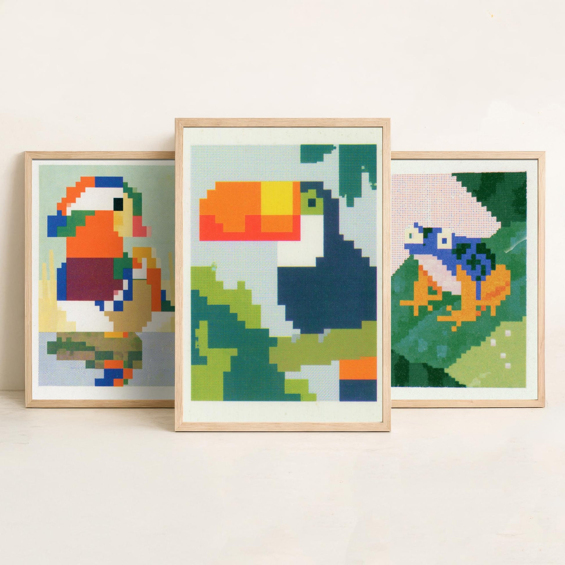 Pixel Animals Set of Three Art Prints - Mandarin Duck, Poison Dart Frog, Toucan - Pixel Art Poster Wall Art Gift Illustration