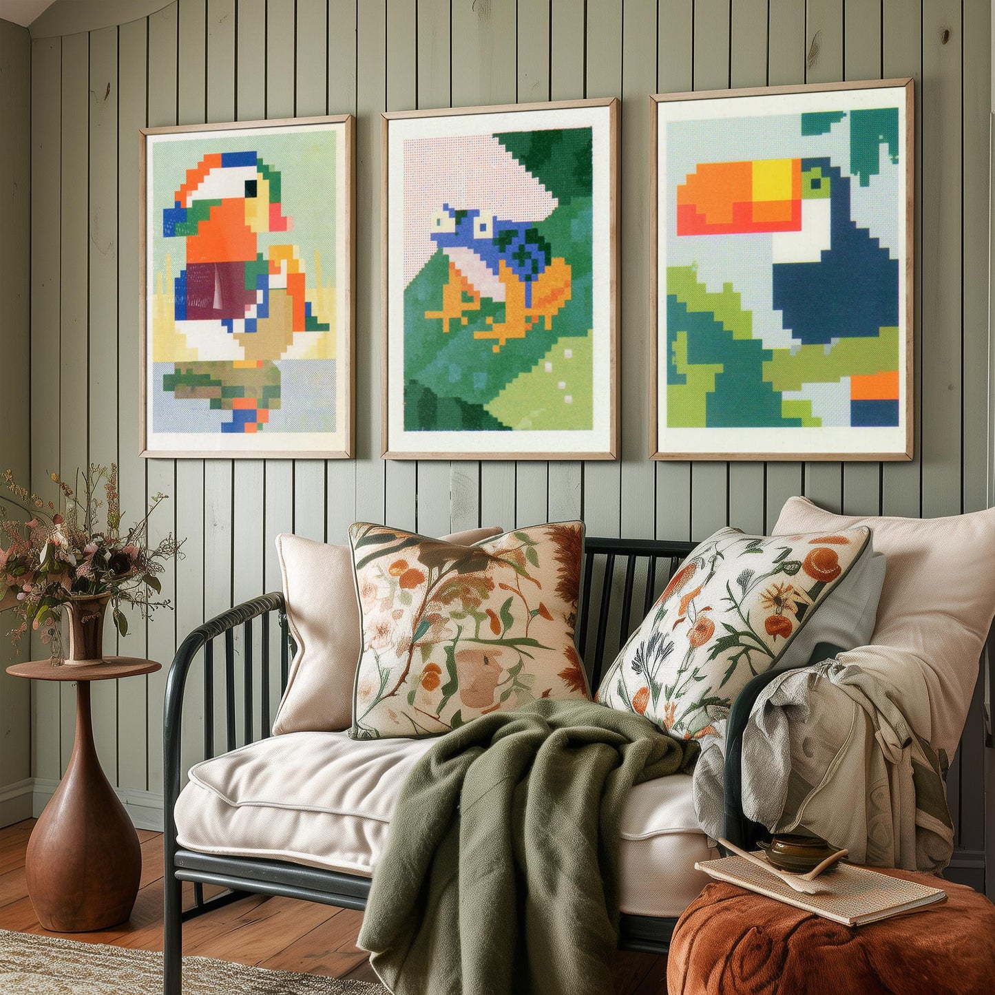 Pixel Animals Set of Three Art Prints - Mandarin Duck, Poison Dart Frog, Toucan - Pixel Art Poster Wall Art Gift Illustration