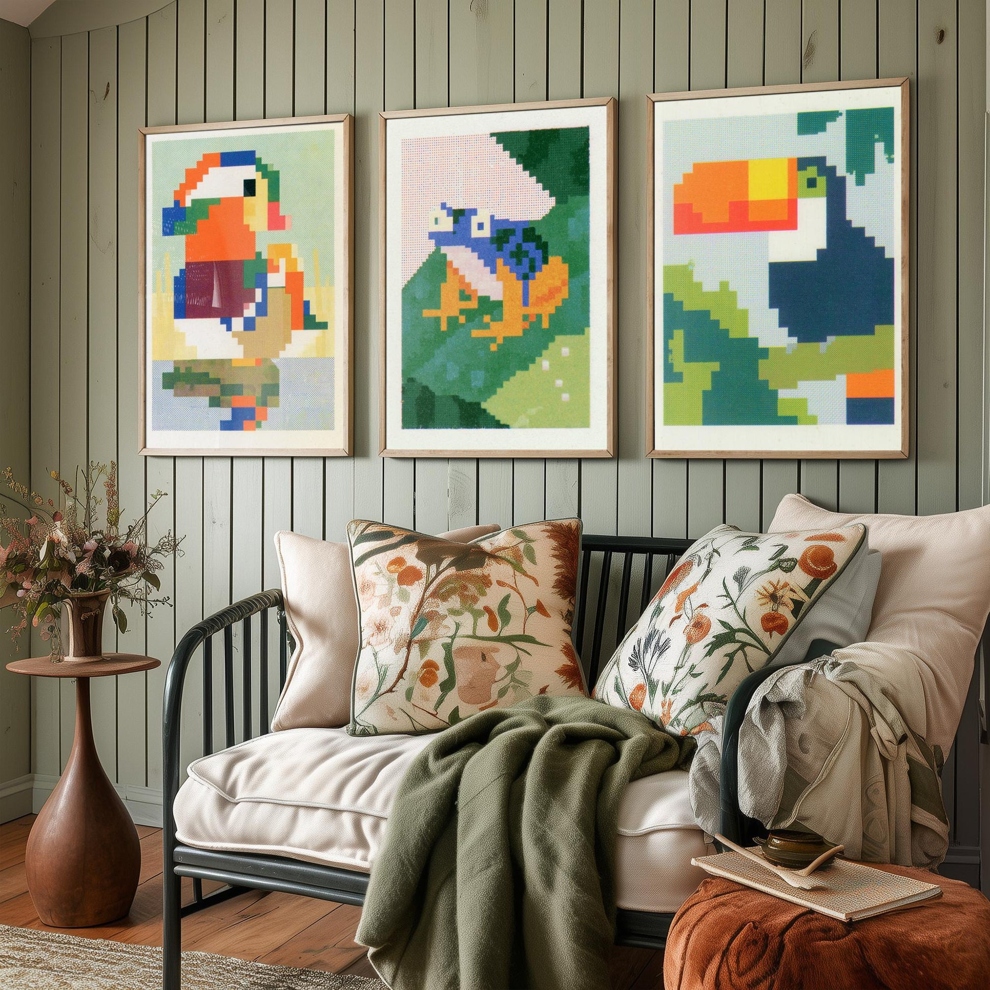 Pixel Animals Set of Three Art Prints - Mandarin Duck, Poison Dart Frog, Toucan - Pixel Art Poster Wall Art Gift Illustration