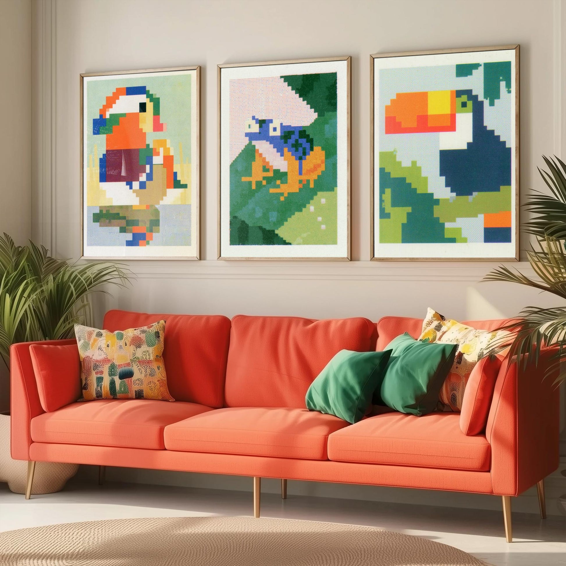 Pixel Animals Set of Three Art Prints - Mandarin Duck, Poison Dart Frog, Toucan - Pixel Art Poster Wall Art Gift Illustration