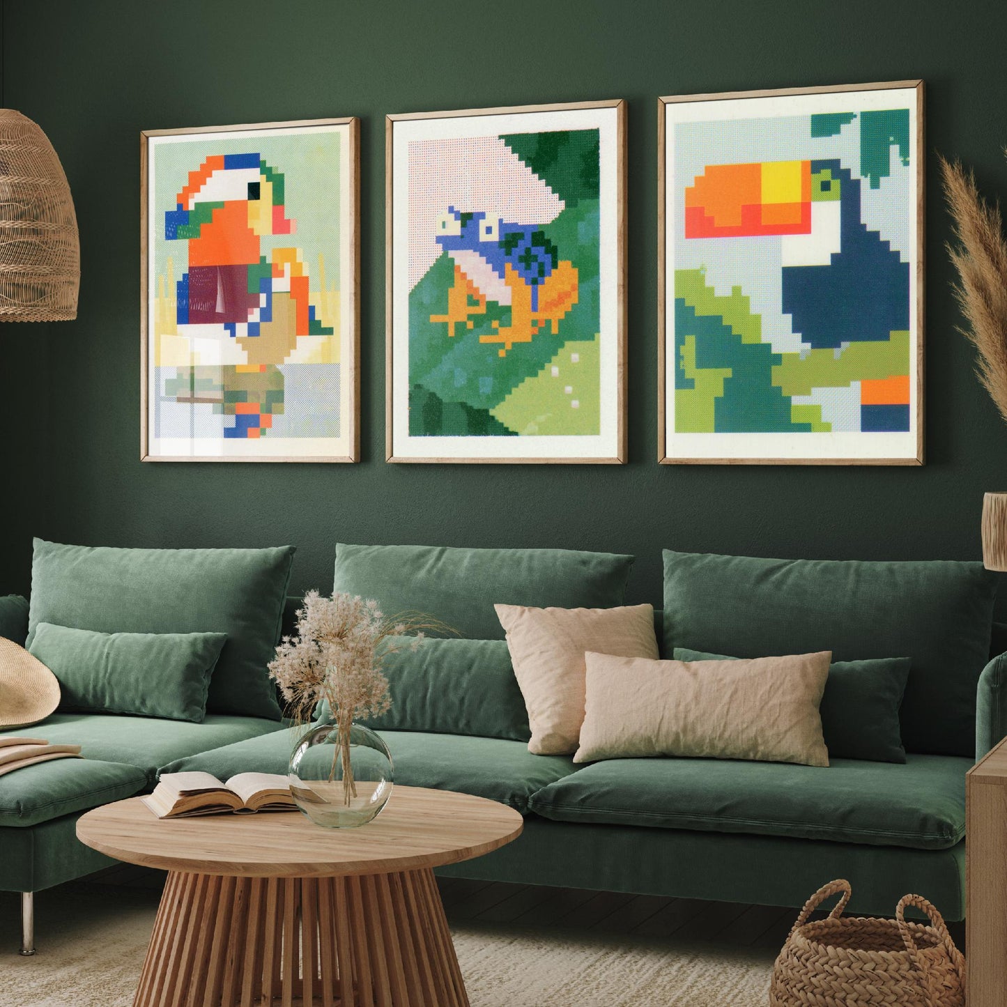 Pixel Animals Set of Three Art Prints - Mandarin Duck, Poison Dart Frog, Toucan - Pixel Art Poster Wall Art Gift Illustration