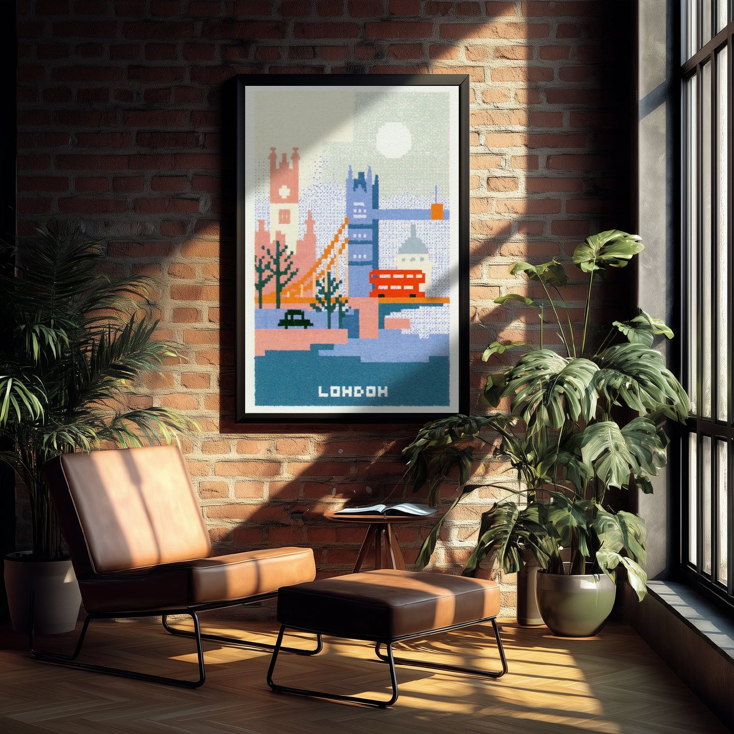 London England Travel Poster - Pixel Art Print - Tower Bridge Illustration - Retro Cross Stitch Cityscape 1/3