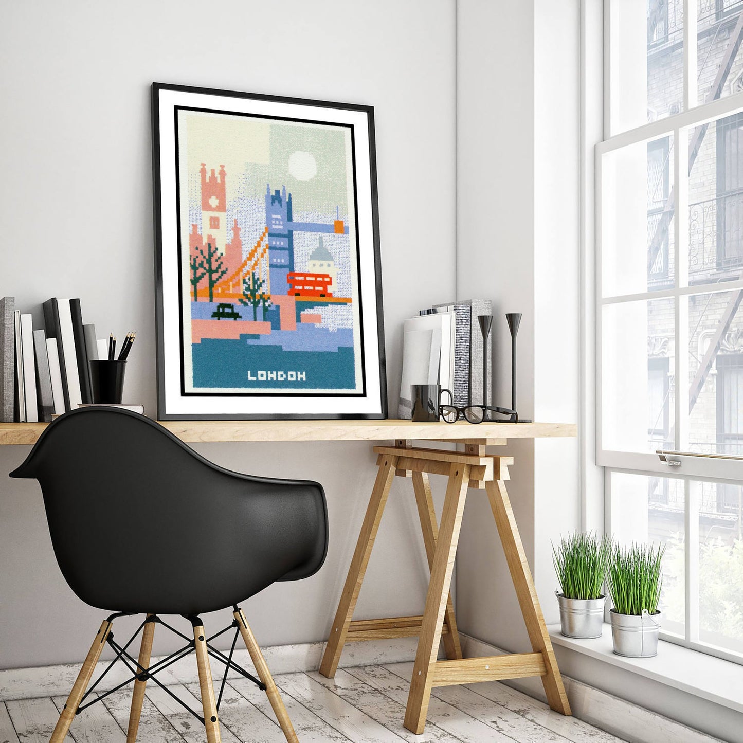 London England Travel Poster - Pixel Art Print - Tower Bridge Illustration - Retro Cross Stitch Cityscape 1/3
