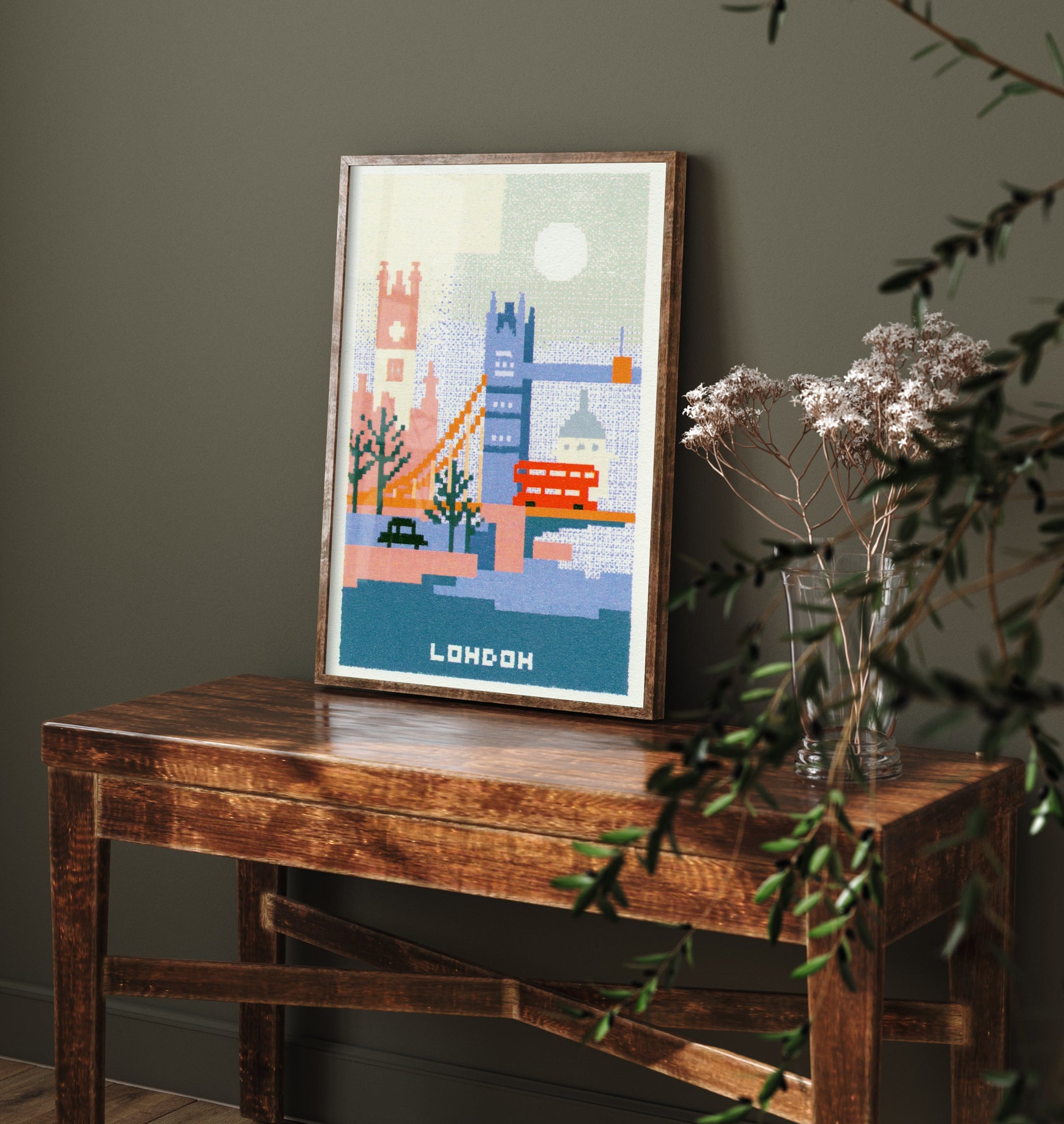 London England Travel Poster - Pixel Art Print - Tower Bridge Illustration - Retro Cross Stitch Cityscape 1/3