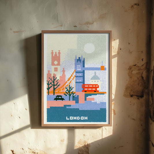 London England Travel Poster - Pixel Art Print - Tower Bridge Illustration - Retro Cross Stitch Cityscape 1/3