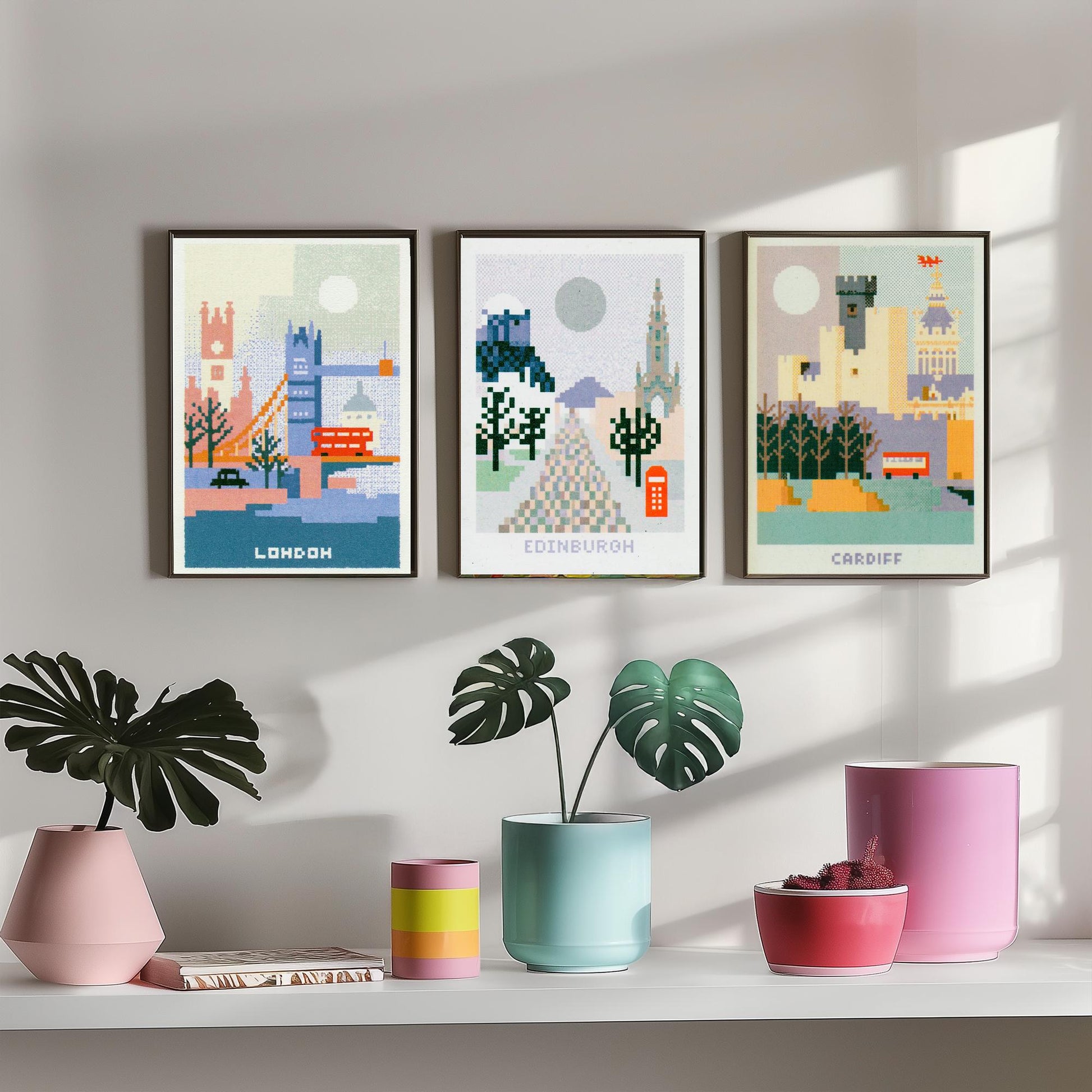 Pixel Cities Set of Three Travel Posters - London, Edinburgh, Cardiff - UK Pixel Art Print Illustration Gift Retro Decor