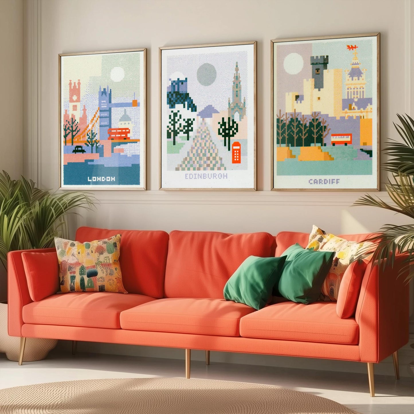 Pixel Cities Set of Three Travel Posters - London, Edinburgh, Cardiff - UK Pixel Art Print Illustration Gift Retro Decor