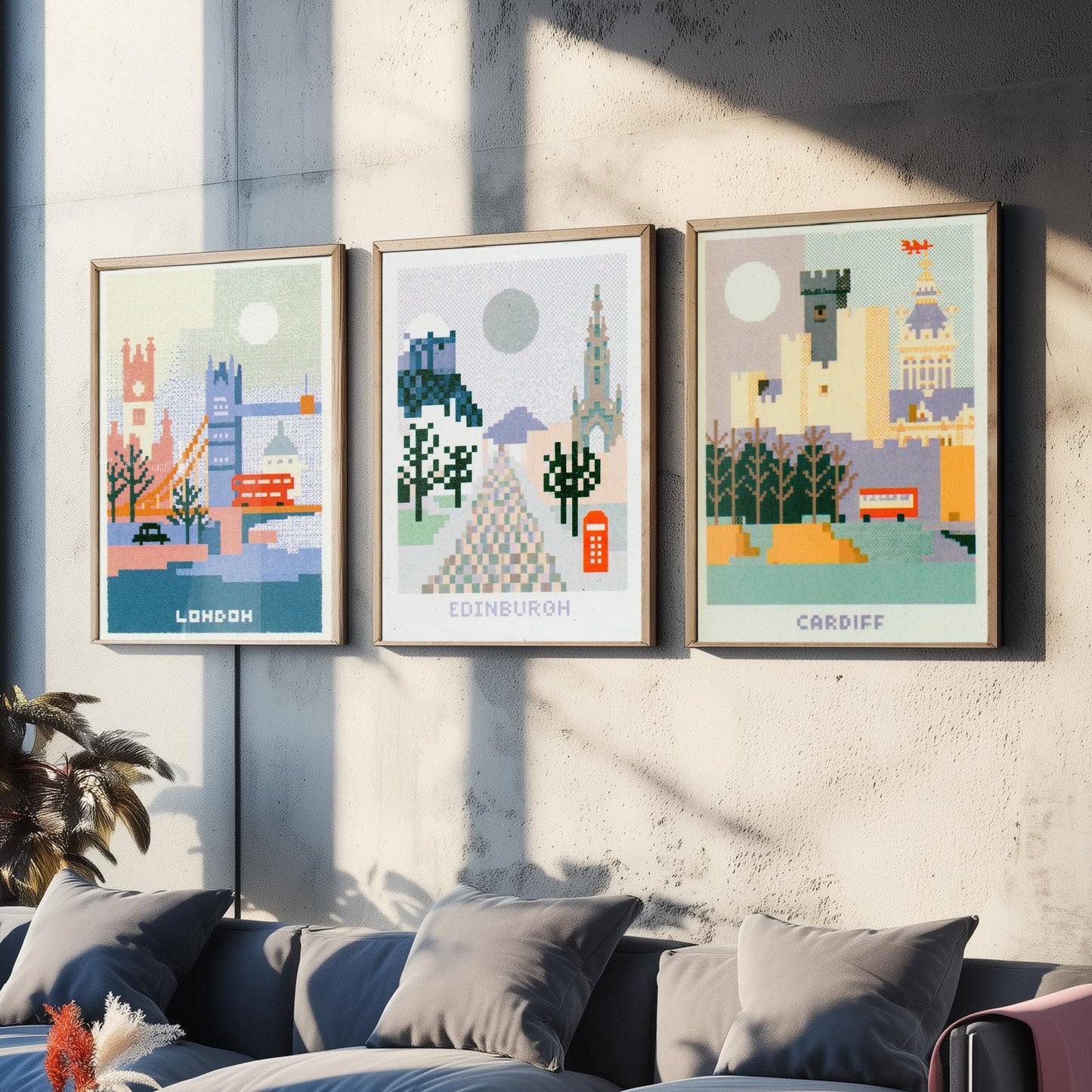 Pixel Cities Set of Three Travel Posters - London, Edinburgh, Cardiff - UK Pixel Art Print Illustration Gift Retro Decor