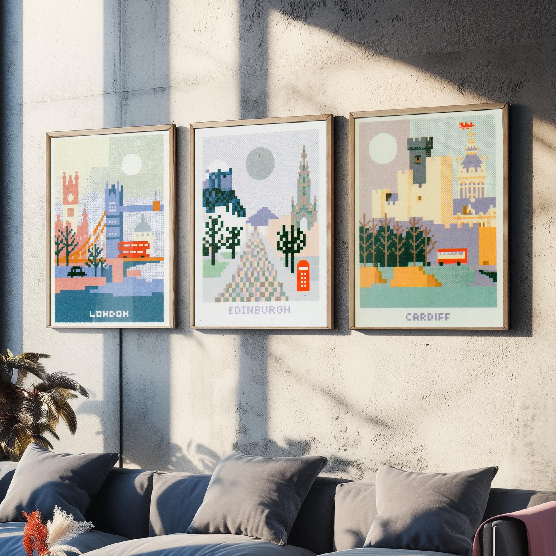 Pixel Cities Set of Three Travel Posters - London, Edinburgh, Cardiff - UK Pixel Art Print Illustration Gift Retro Decor