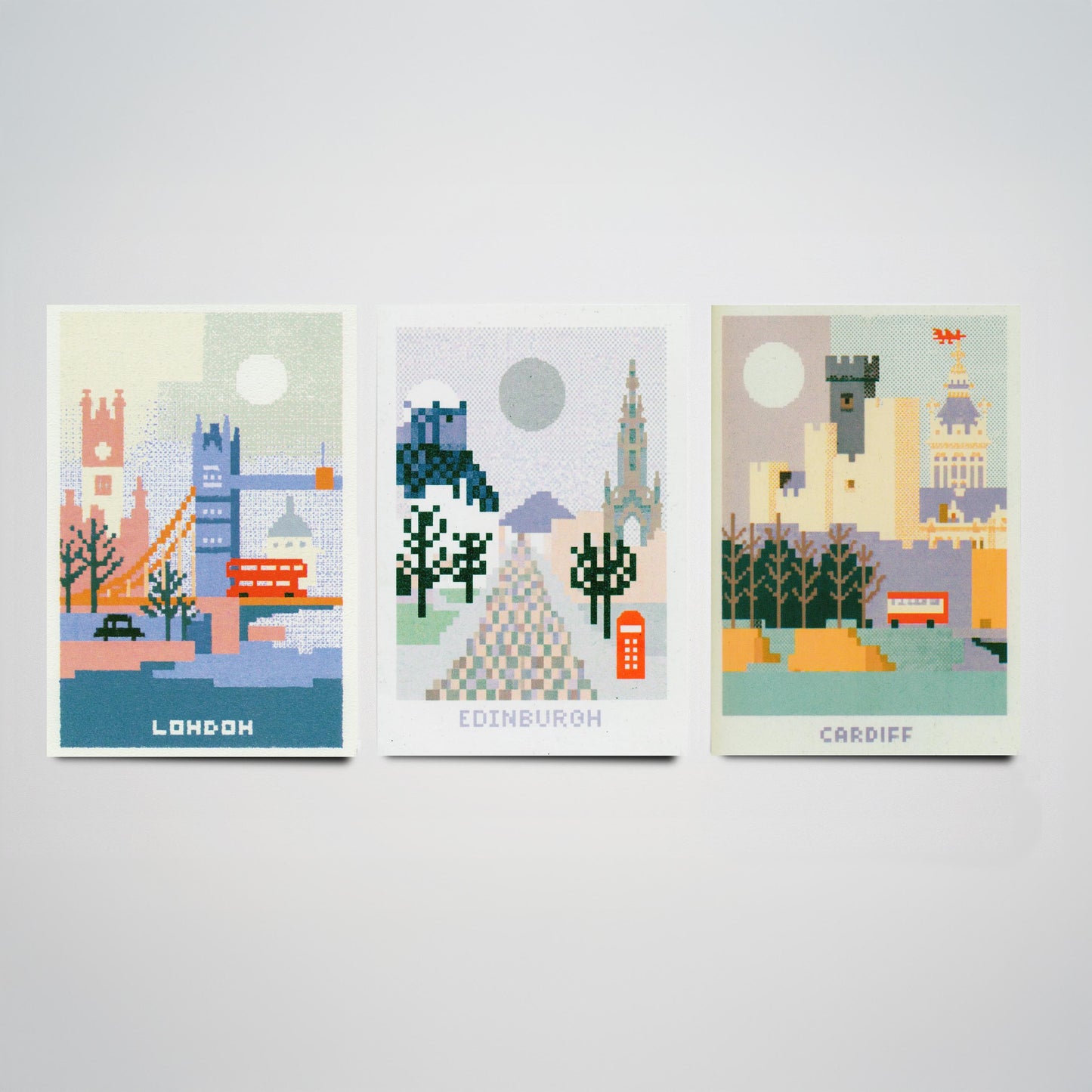 Pixel Cities Set of Three Travel Posters - London, Edinburgh, Cardiff - UK Pixel Art Print Illustration Gift Retro Decor