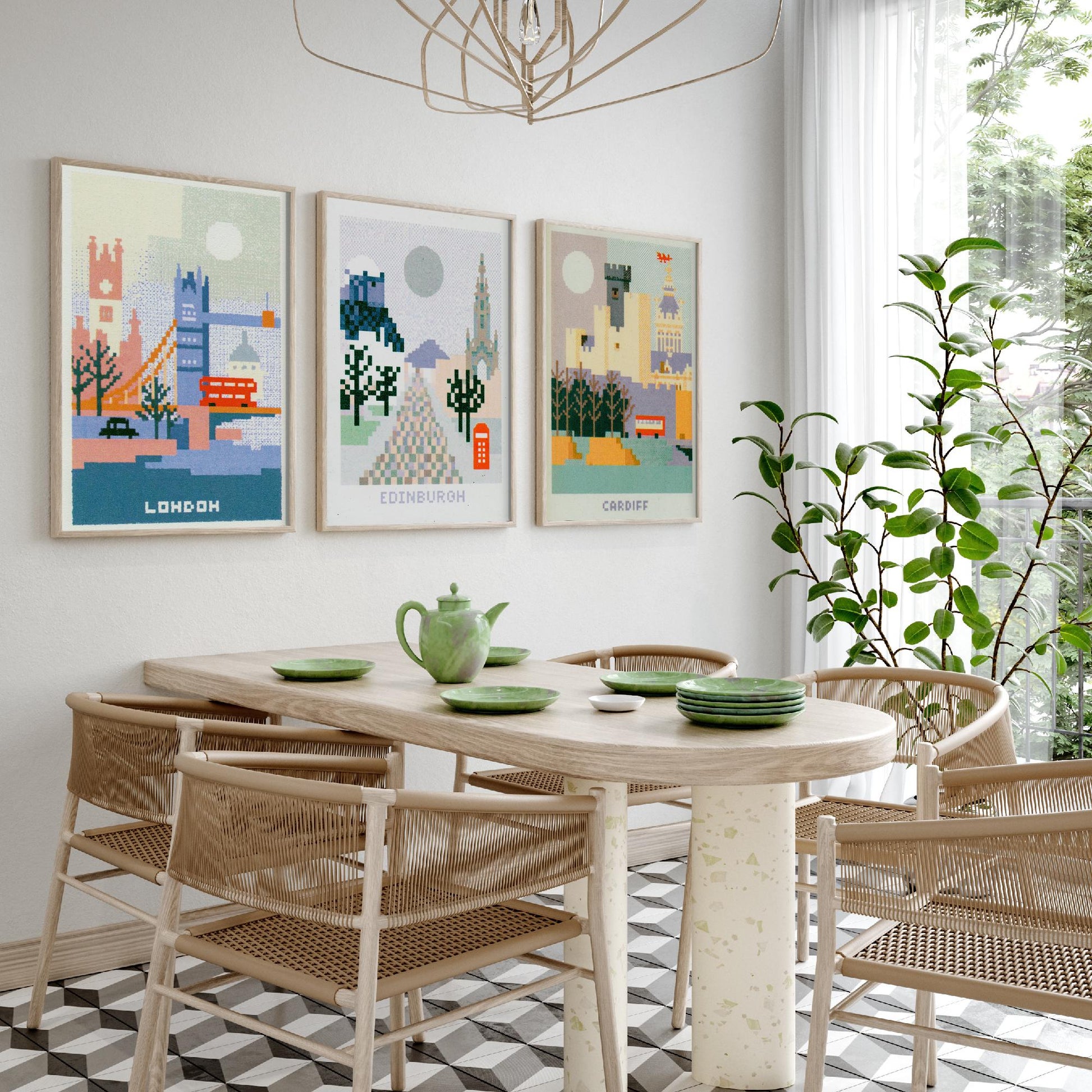 Pixel Cities Set of Three Travel Posters - London, Edinburgh, Cardiff - UK Pixel Art Print Illustration Gift Retro Decor