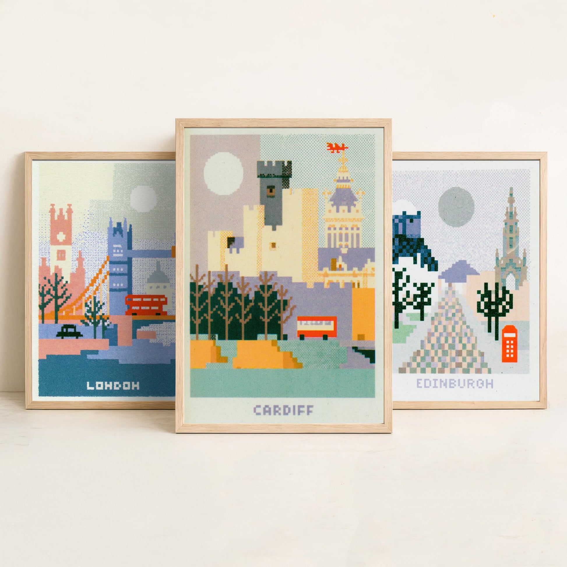 Pixel Cities Set of Three Travel Posters - London, Edinburgh, Cardiff - UK Pixel Art Print Illustration Gift Retro Decor
