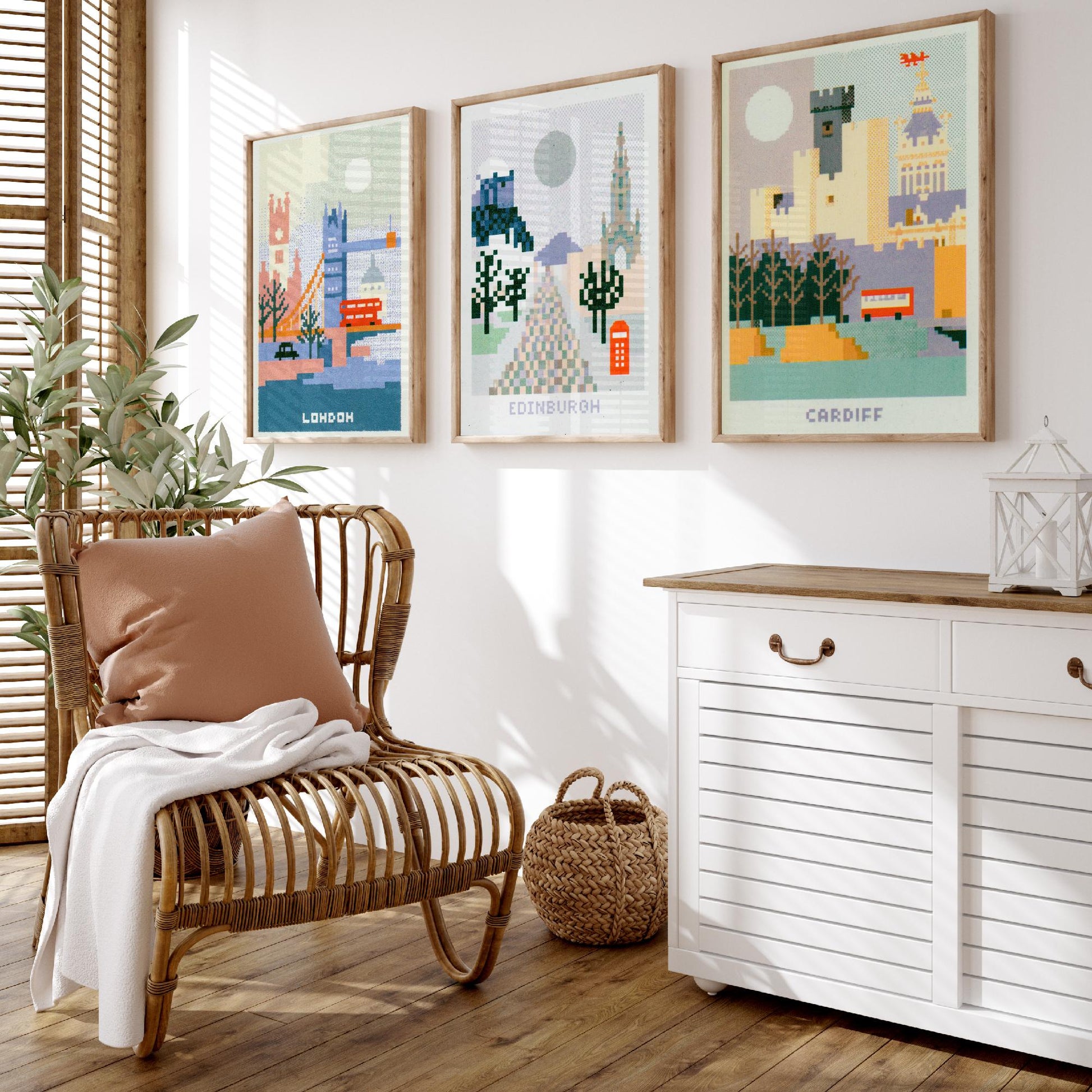 Pixel Cities Set of Three Travel Posters - London, Edinburgh, Cardiff - UK Pixel Art Print Illustration Gift Retro Decor