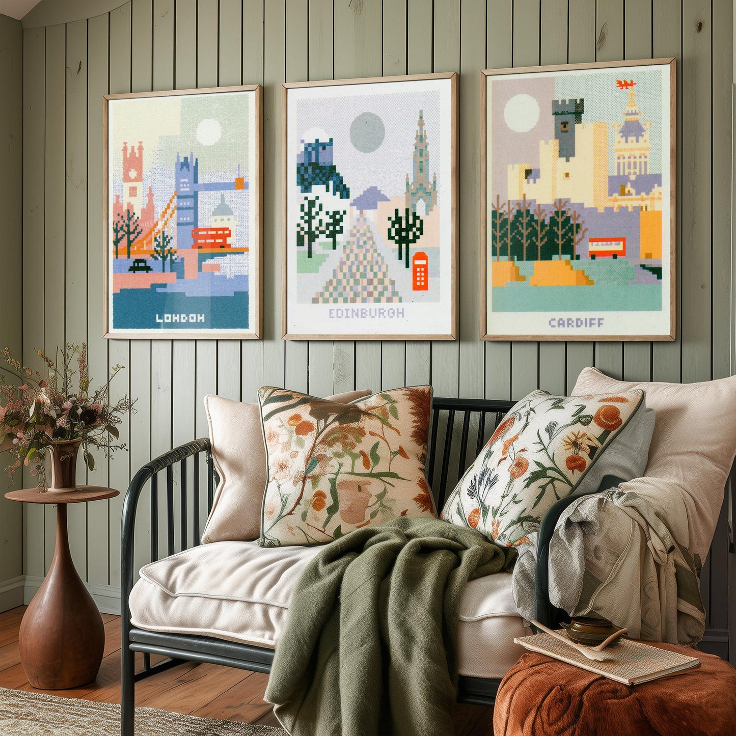 Pixel Cities Set of Three Travel Posters - London, Edinburgh, Cardiff - UK Pixel Art Print Illustration Gift Retro Decor
