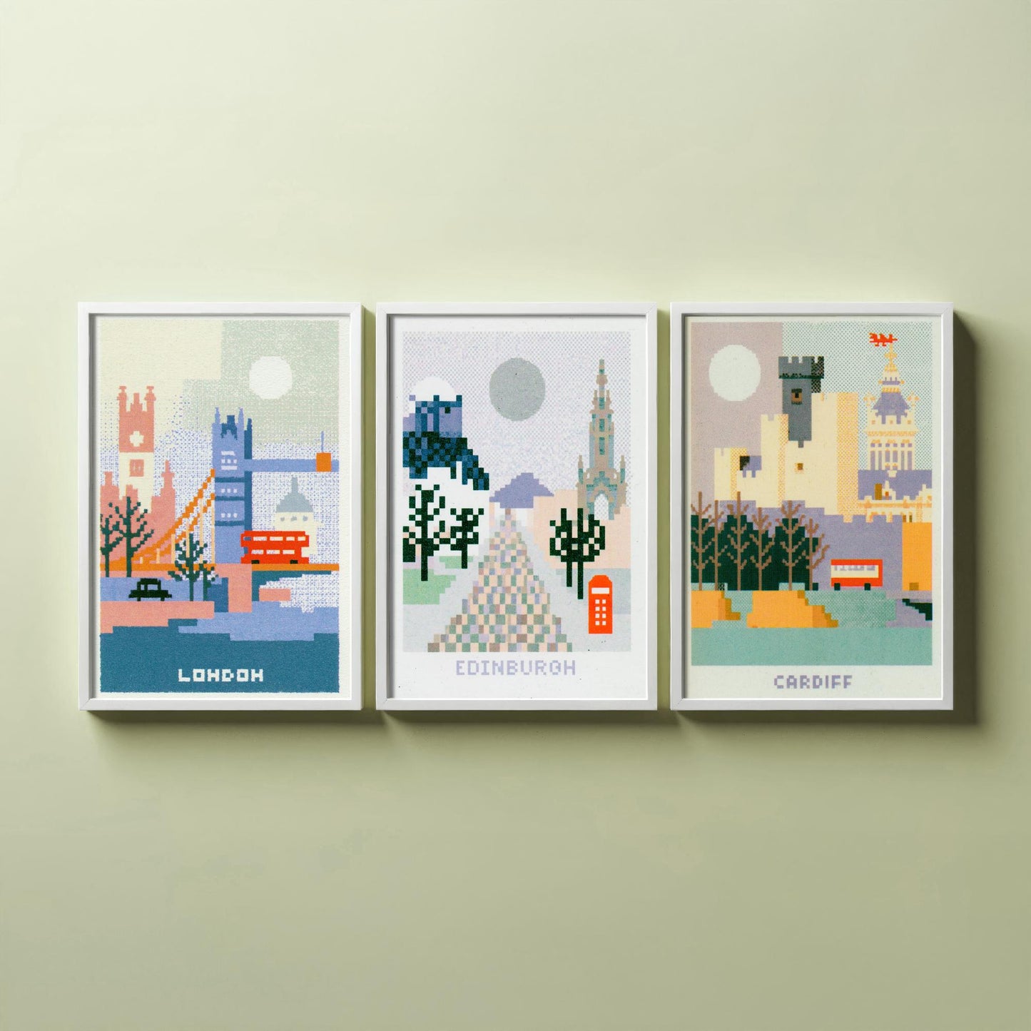 Pixel Cities Set of Three Travel Posters - London, Edinburgh, Cardiff - UK Pixel Art Print Illustration Gift Retro Decor
