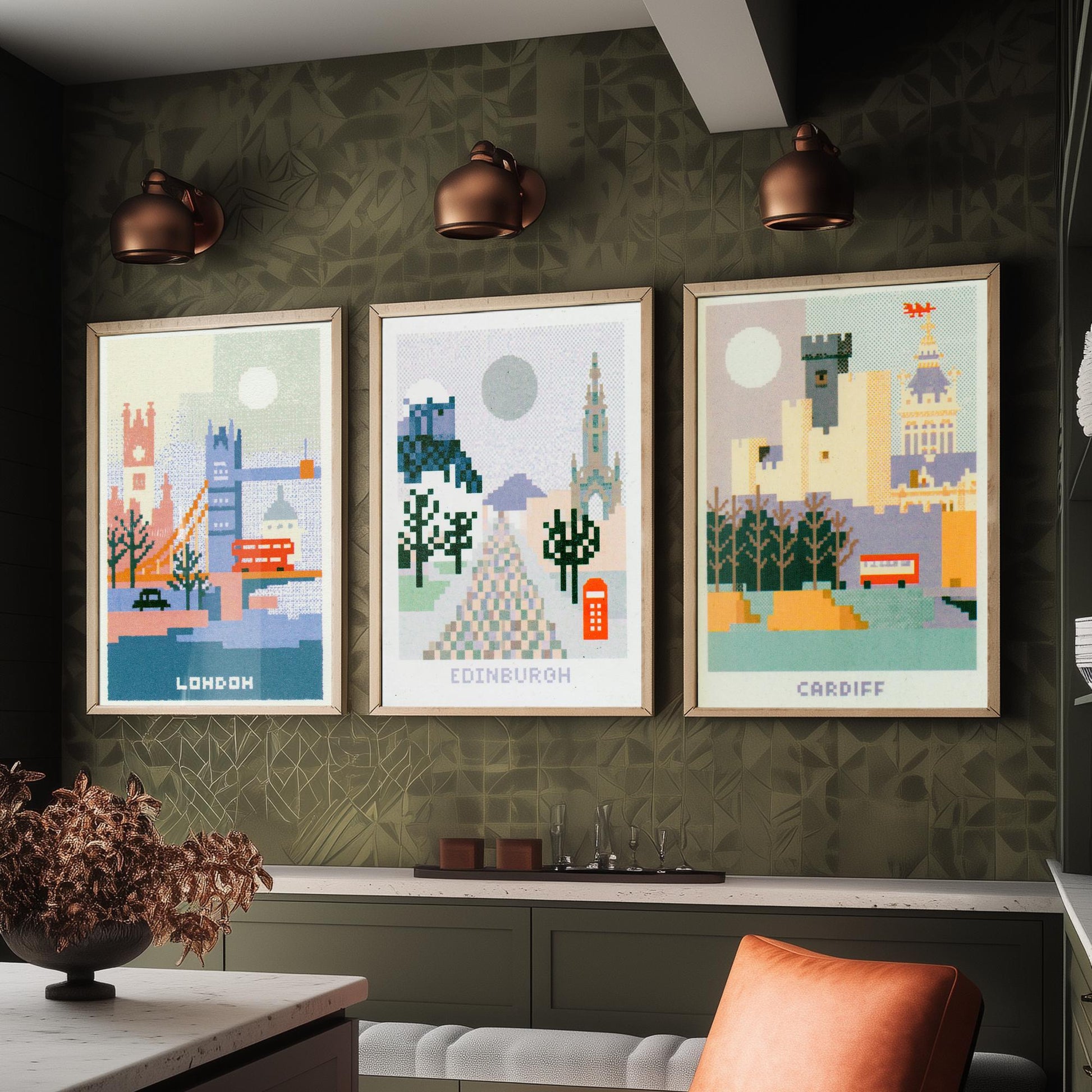 Pixel Cities Set of Three Travel Posters - London, Edinburgh, Cardiff - UK Pixel Art Print Illustration Gift Retro Decor