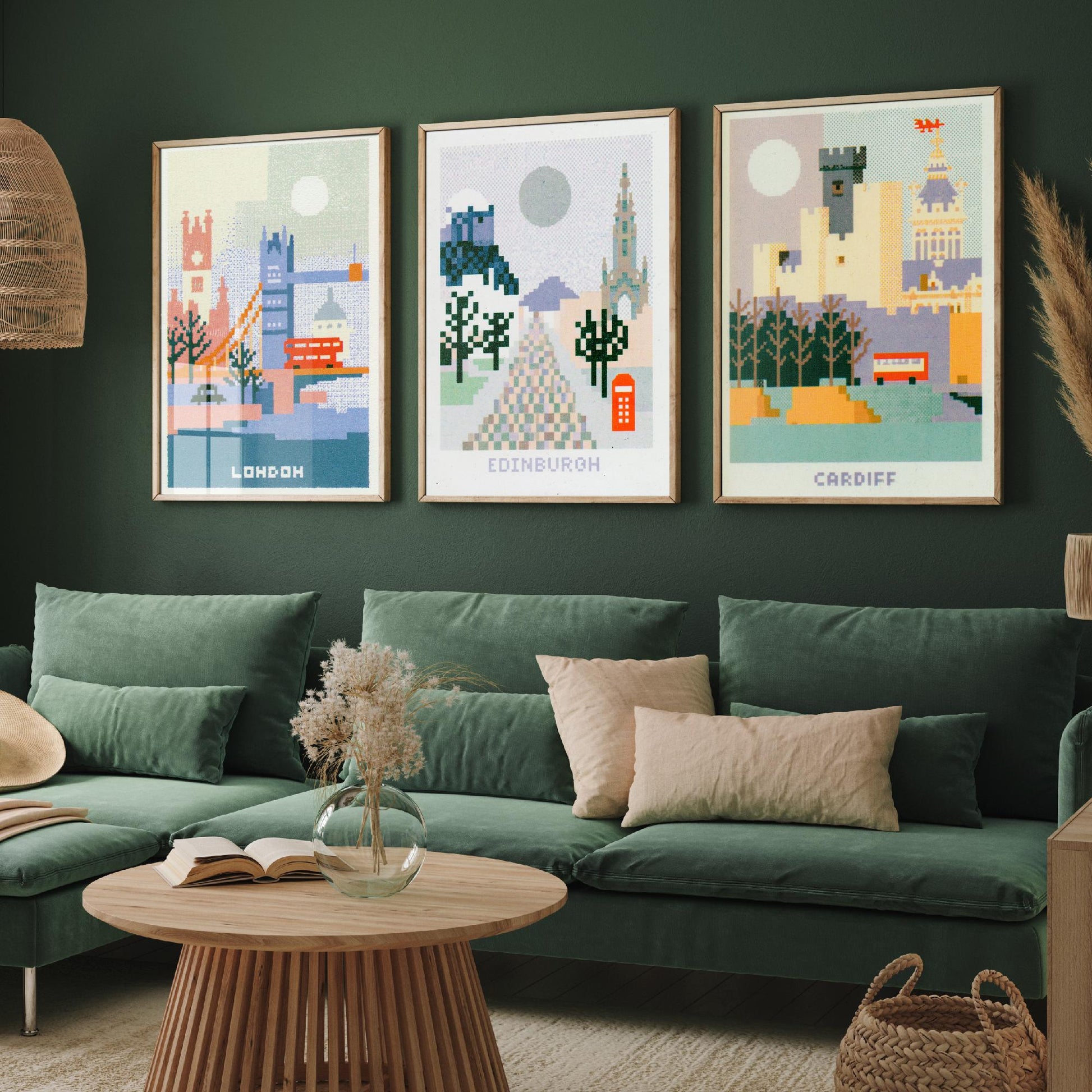 Pixel Cities Set of Three Travel Posters - London, Edinburgh, Cardiff - UK Pixel Art Print Illustration Gift Retro Decor