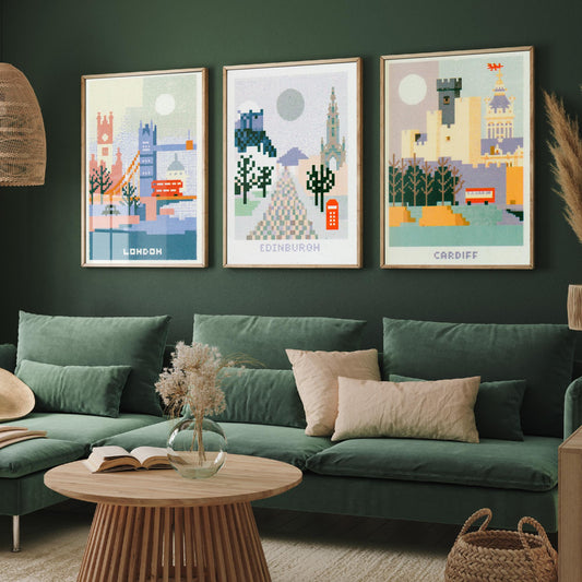 Pixel Cities Set of Three Travel Posters - London, Edinburgh, Cardiff - UK Pixel Art Print Illustration Gift Retro Decor