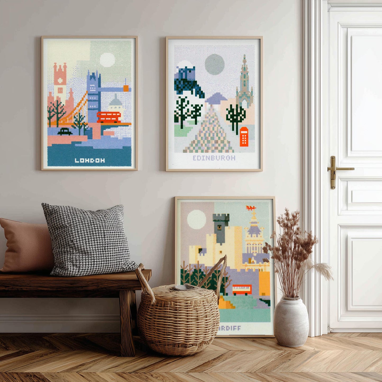 Pixel Cities Set of Three Travel Posters - London, Edinburgh, Cardiff - UK Pixel Art Print Illustration Gift Retro Decor