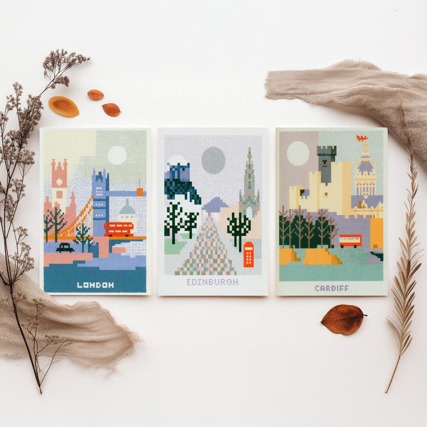 Pixel Cities Set of Three Travel Posters - London, Edinburgh, Cardiff - UK Pixel Art Print Illustration Gift Retro Decor