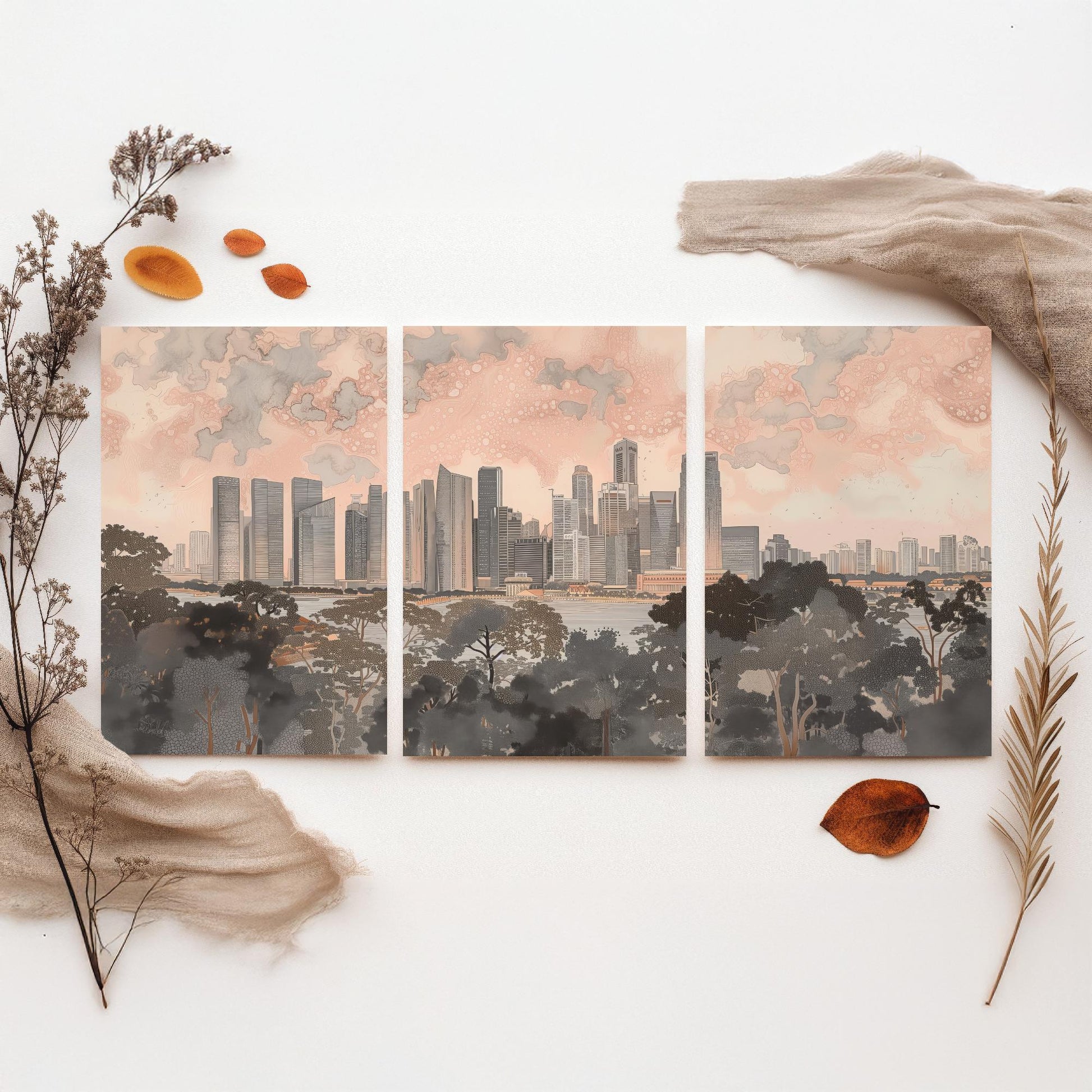 Singapore Skyline Set of Three Art Prints - 3 Marina Bay Cityscape Posters - Pink Grey Travel Illustration Wall Art Gift