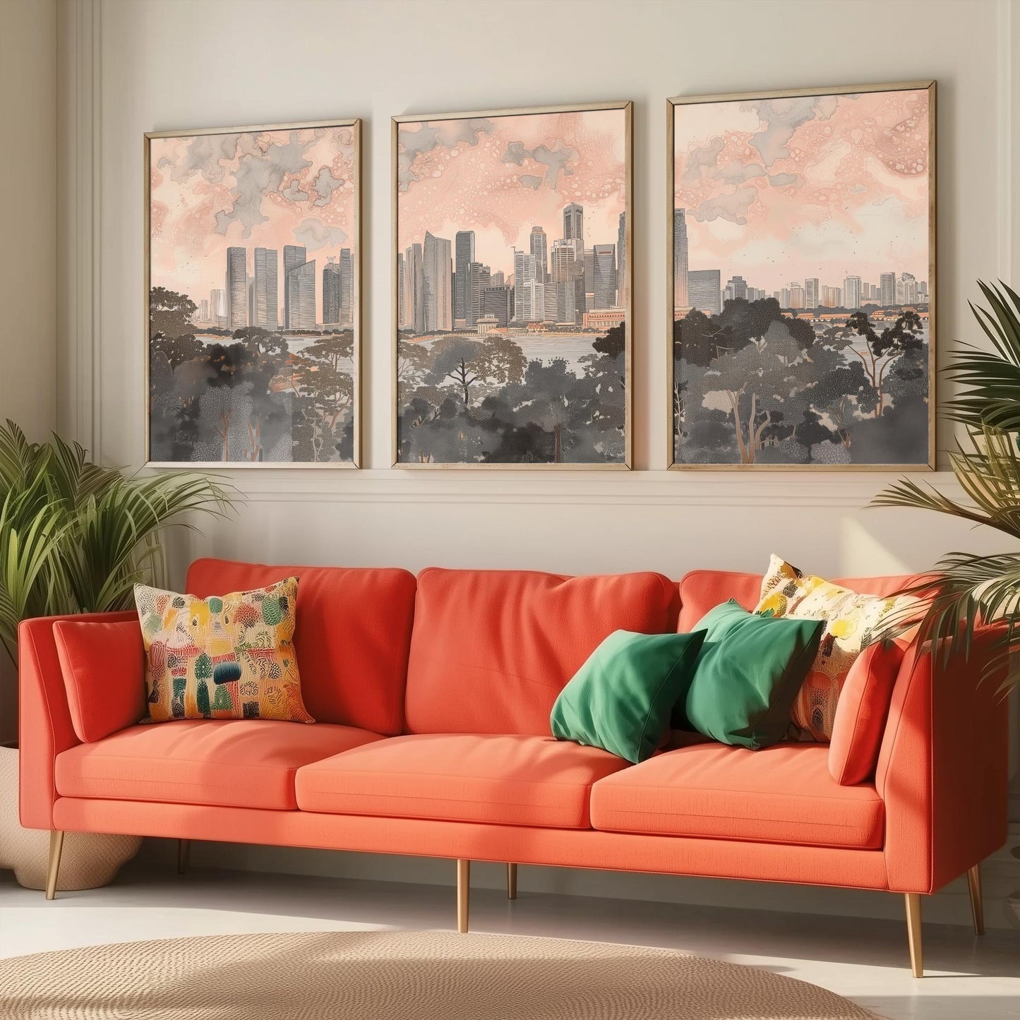 Singapore Skyline Set of Three Art Prints - 3 Marina Bay Cityscape Posters - Pink Grey Travel Illustration Wall Art Gift