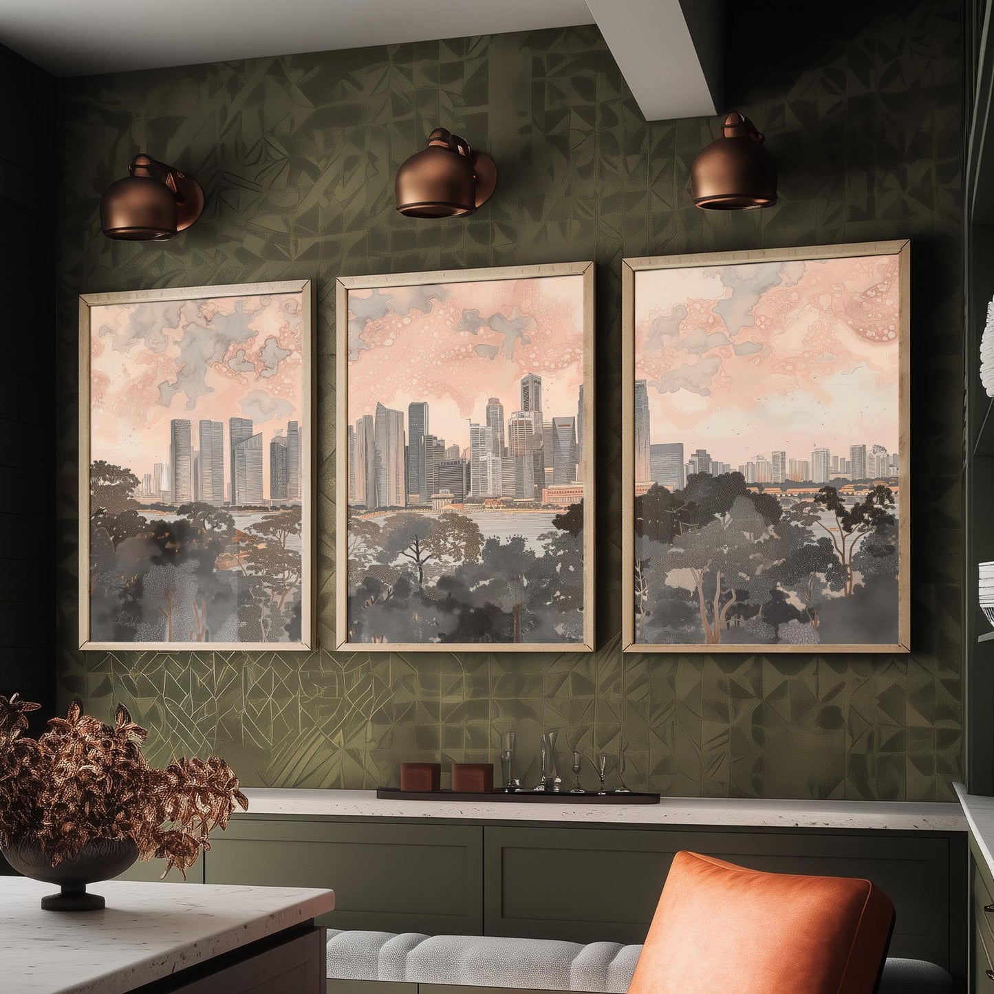 Singapore Skyline Set of Three Art Prints - 3 Marina Bay Cityscape Posters - Pink Grey Travel Illustration Wall Art Gift