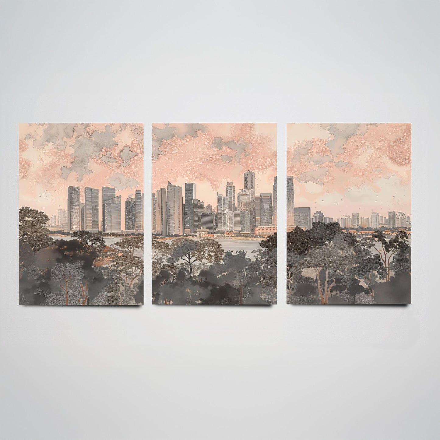 Singapore Skyline Set of Three Art Prints - 3 Marina Bay Cityscape Posters - Pink Grey Travel Illustration Wall Art Gift