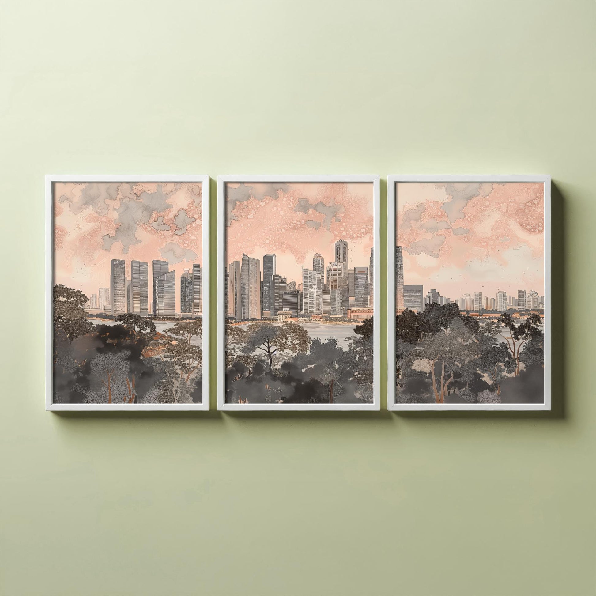 Singapore Skyline Set of Three Art Prints - 3 Marina Bay Cityscape Posters - Pink Grey Travel Illustration Wall Art Gift