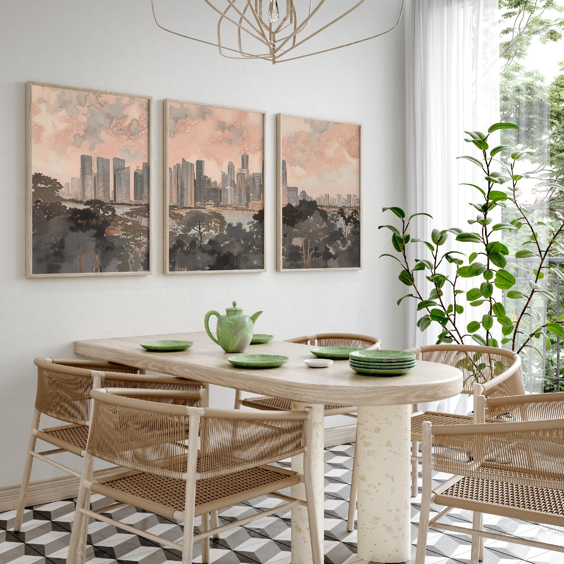 Singapore Skyline Set of Three Art Prints - 3 Marina Bay Cityscape Posters - Pink Grey Travel Illustration Wall Art Gift
