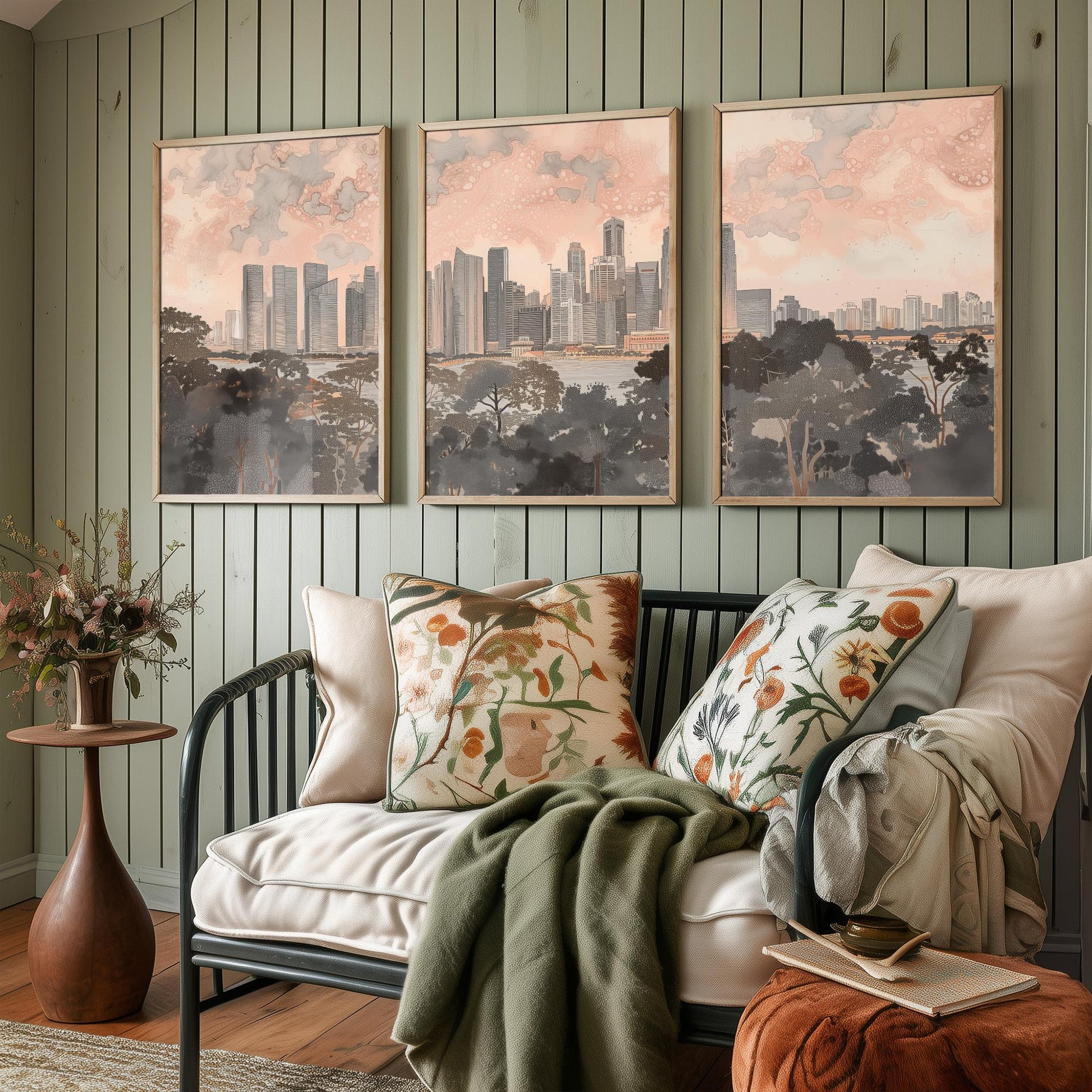 Singapore Skyline Set of Three Art Prints - 3 Marina Bay Cityscape Posters - Pink Grey Travel Illustration Wall Art Gift