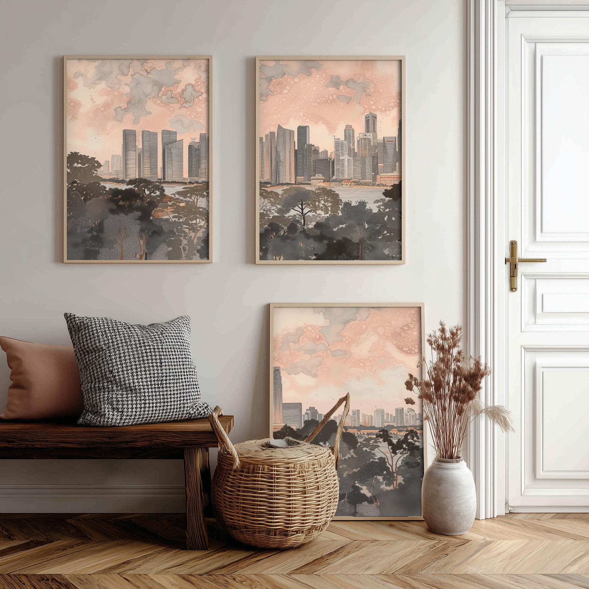 Singapore Skyline Set of Three Art Prints - 3 Marina Bay Cityscape Posters - Pink Grey Travel Illustration Wall Art Gift