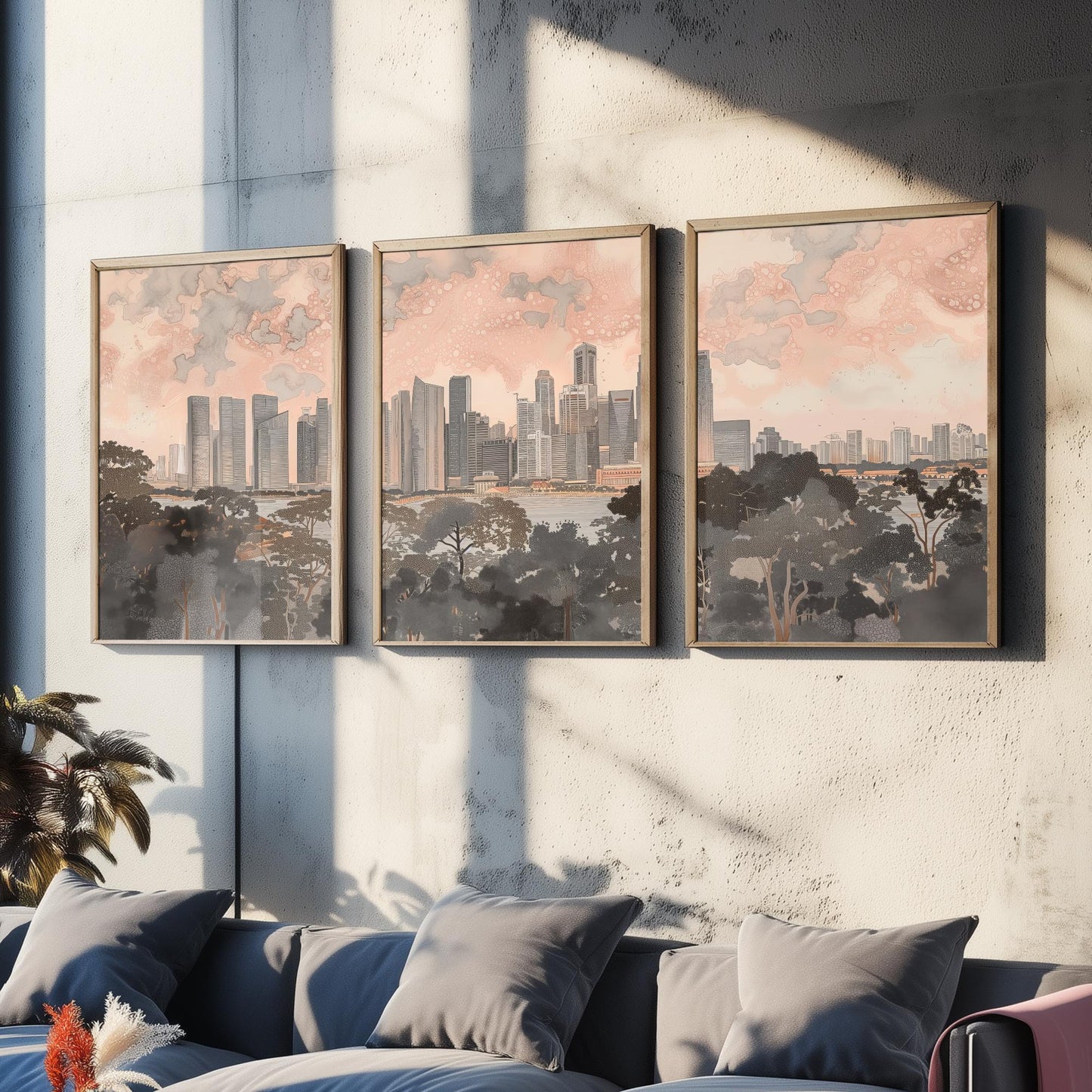 Singapore Skyline Set of Three Art Prints - 3 Marina Bay Cityscape Posters - Pink Grey Travel Illustration Wall Art Gift