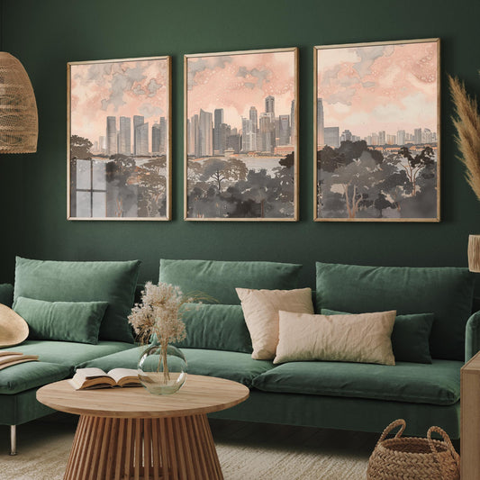 Singapore Skyline Set of Three Art Prints - 3 Marina Bay Cityscape Posters - Pink Grey Travel Illustration Wall Art Gift