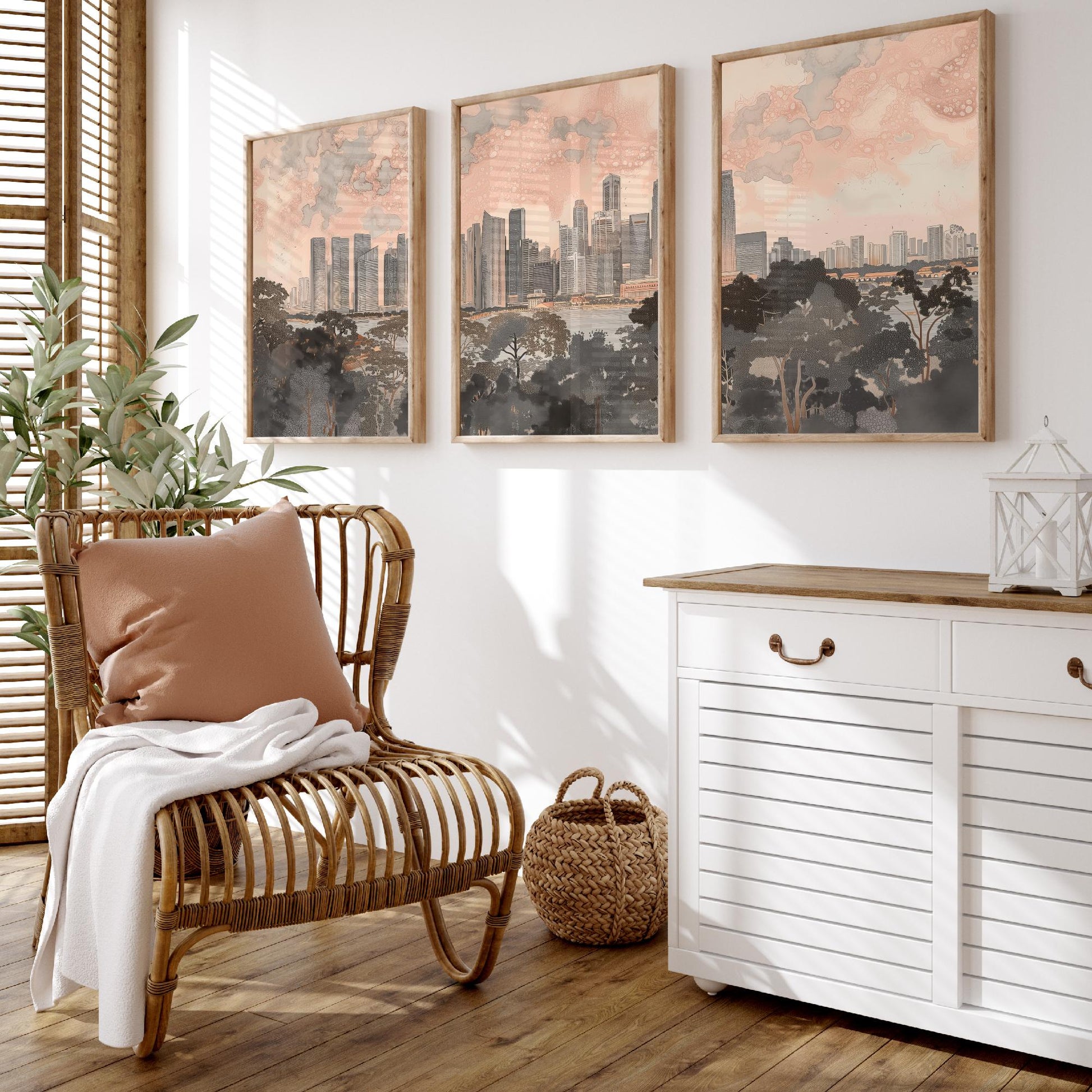 Singapore Skyline Set of Three Art Prints - 3 Marina Bay Cityscape Posters - Pink Grey Travel Illustration Wall Art Gift