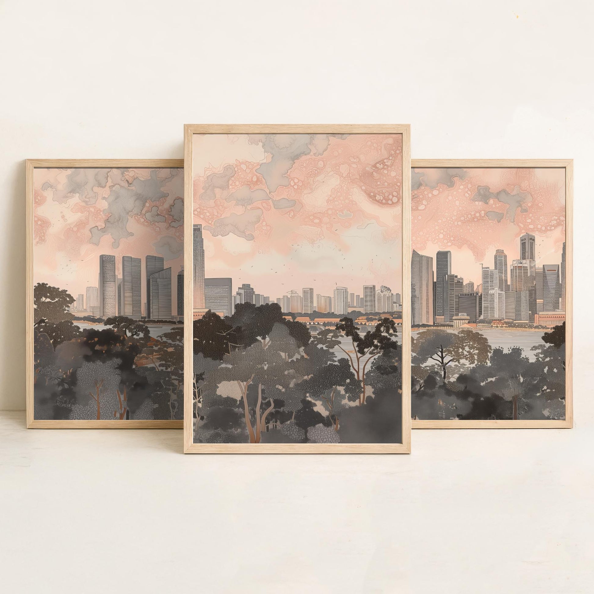 Singapore Skyline Set of Three Art Prints - 3 Marina Bay Cityscape Posters - Pink Grey Travel Illustration Wall Art Gift
