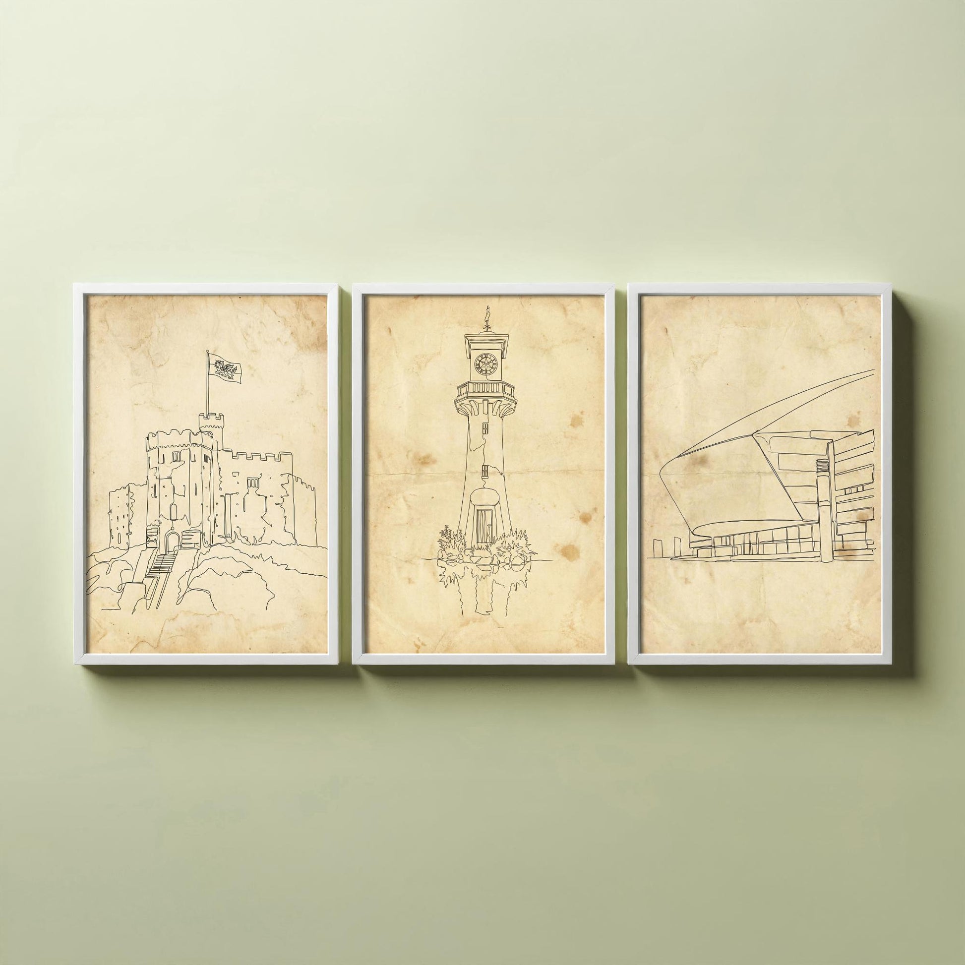 Cardiff Wales Set of Three Art Prints - Cardiff Castle Scott Memorial Millennium Centre Posters - Single Line Illustration Art