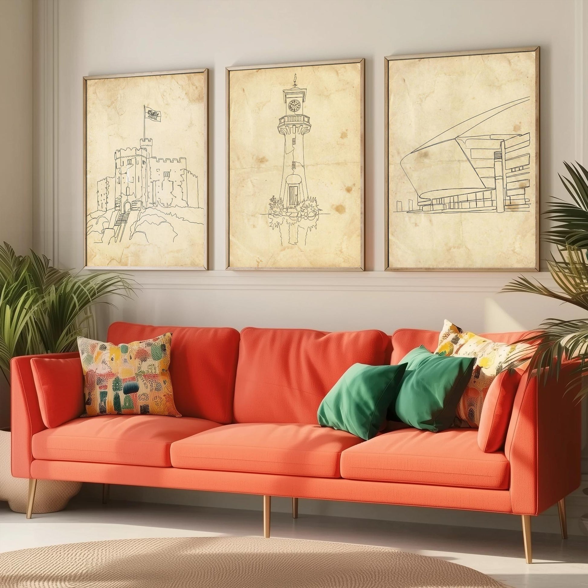 Cardiff Wales Set of Three Art Prints - Cardiff Castle Scott Memorial Millennium Centre Posters - Single Line Illustration Art