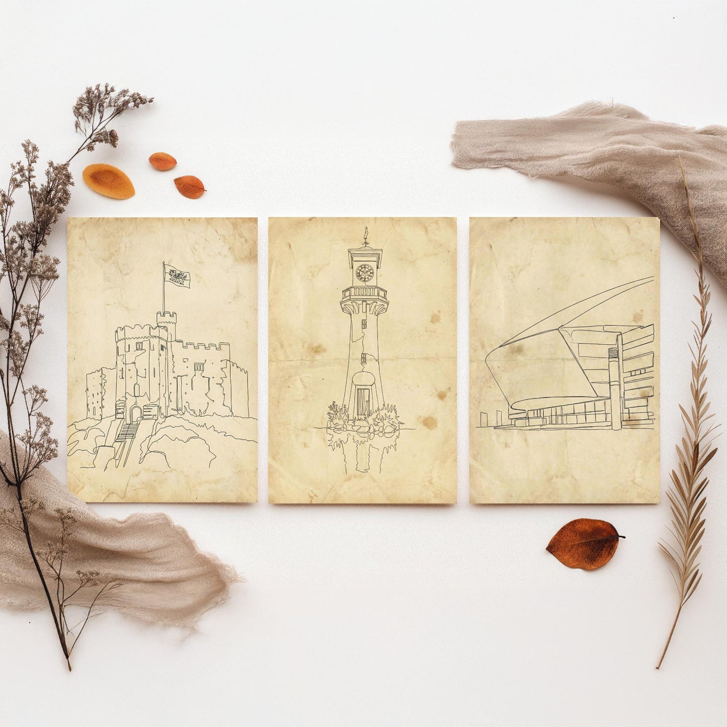 Cardiff Wales Set of Three Art Prints - Cardiff Castle Scott Memorial Millennium Centre Posters - Single Line Illustration Art