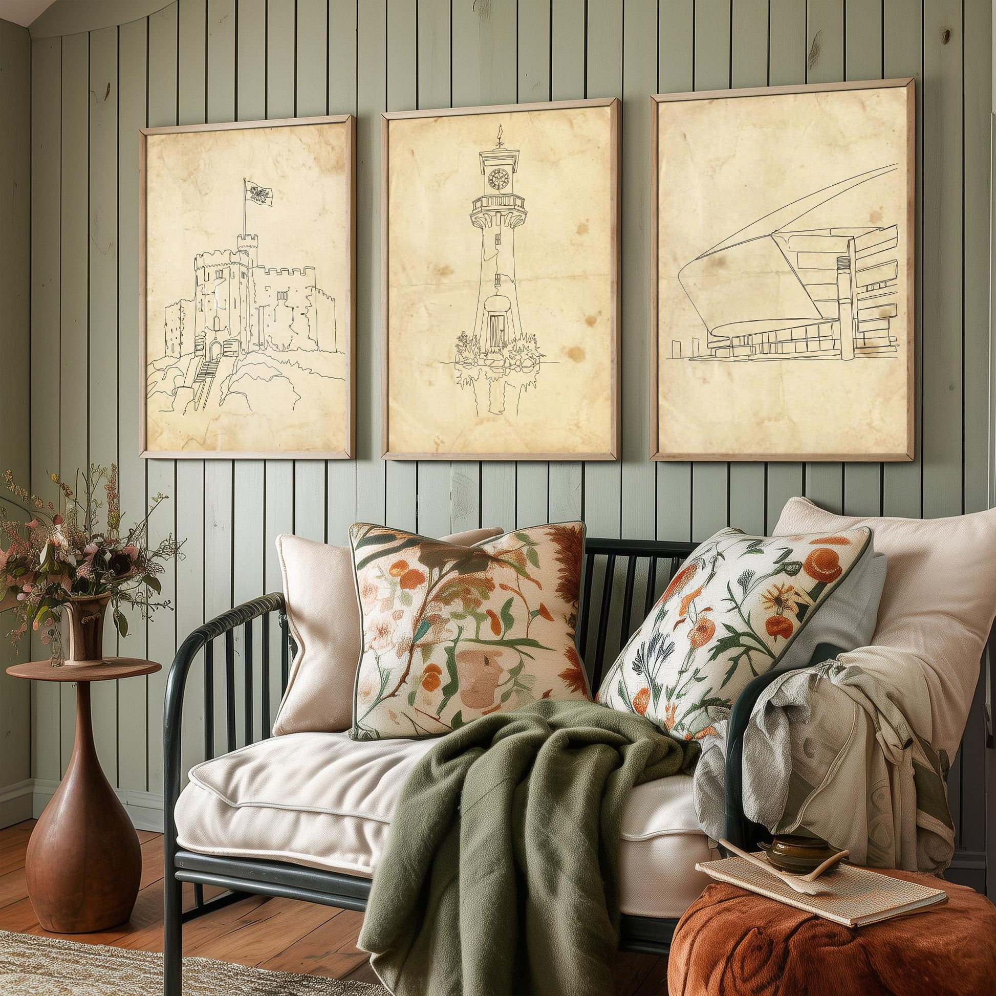 Cardiff Wales Set of Three Art Prints - Cardiff Castle Scott Memorial Millennium Centre Posters - Single Line Illustration Art
