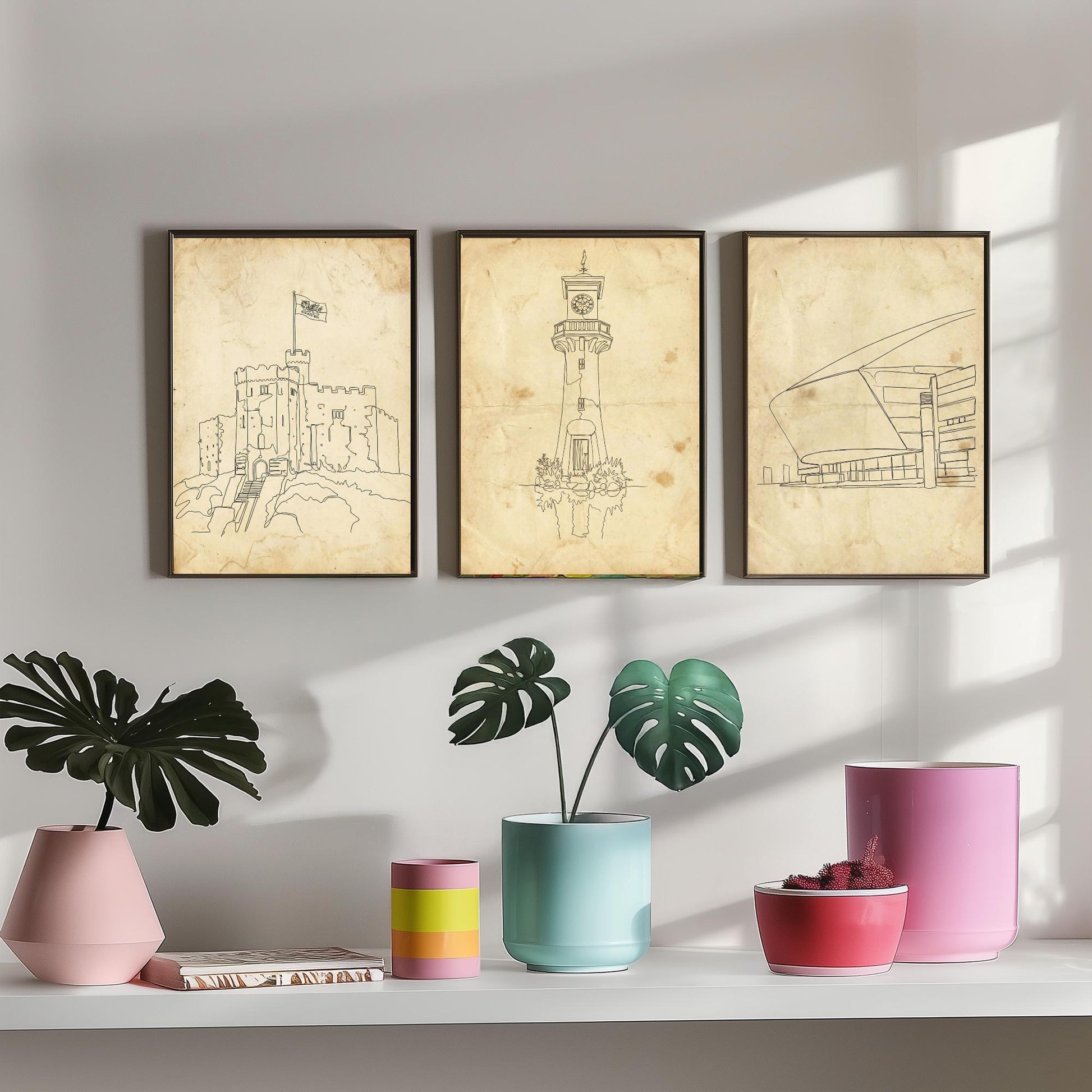 Cardiff Wales Set of Three Art Prints - Cardiff Castle Scott Memorial Millennium Centre Posters - Single Line Illustration Art