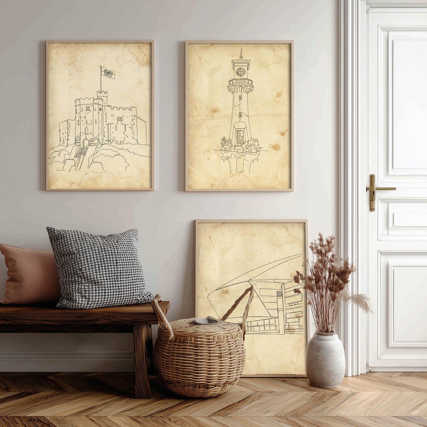 Cardiff Wales Set of Three Art Prints - Cardiff Castle Scott Memorial Millennium Centre Posters - Single Line Illustration Art
